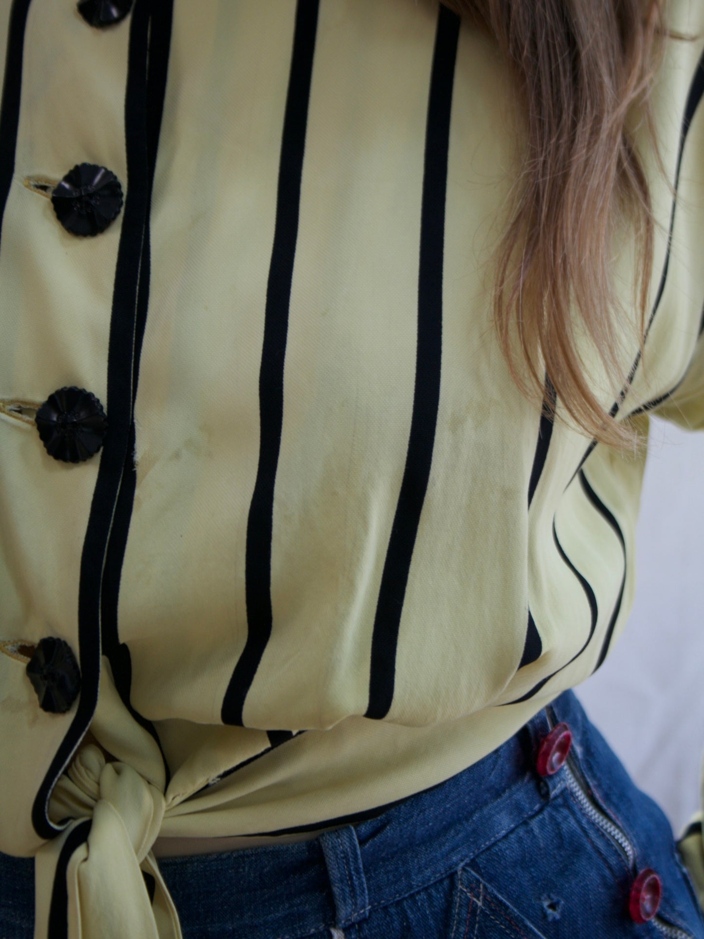 1940s Sriped Jersey Dolman Sleeve Tie Waist Blouse