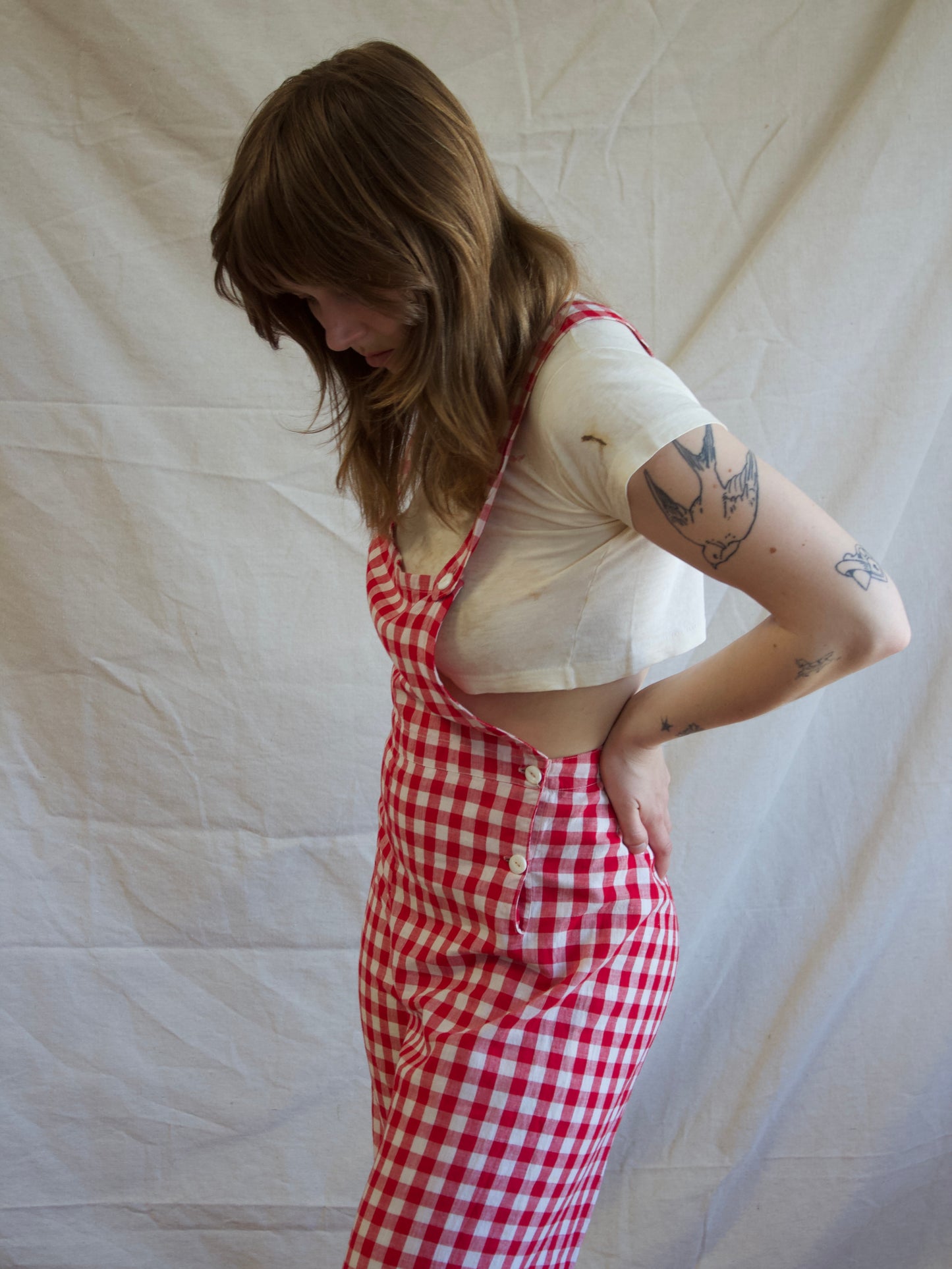 1930s Gingham Cotton Bib Front Side Button Overalls