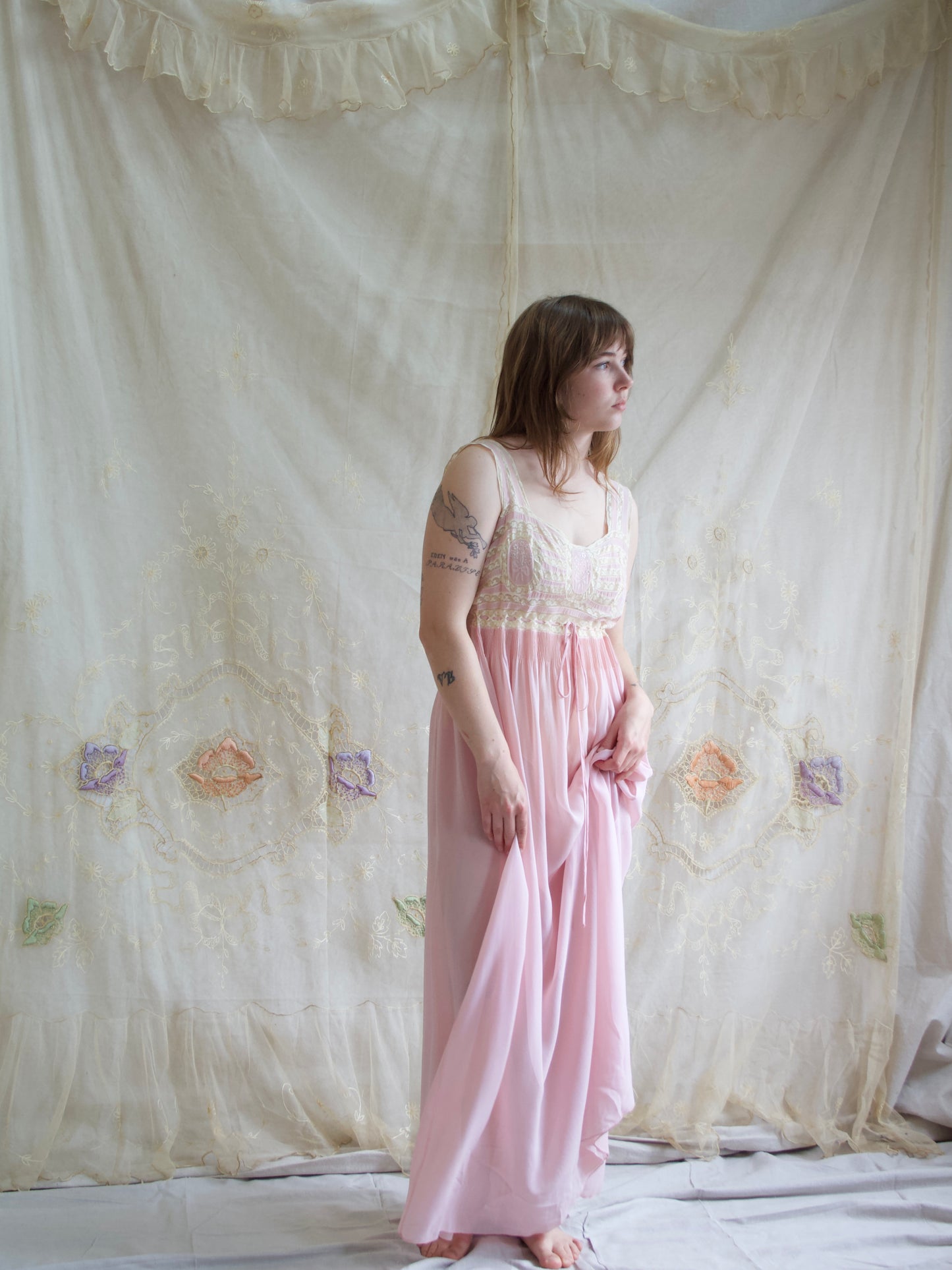 1930s Pale Silk Chiffon & Lace Hand Embroidered Slip Dress