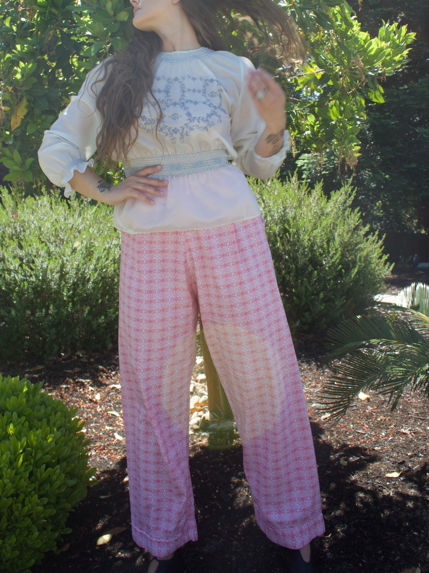 1940s Embroidered Parachute Silk Smocked Folk Blouse