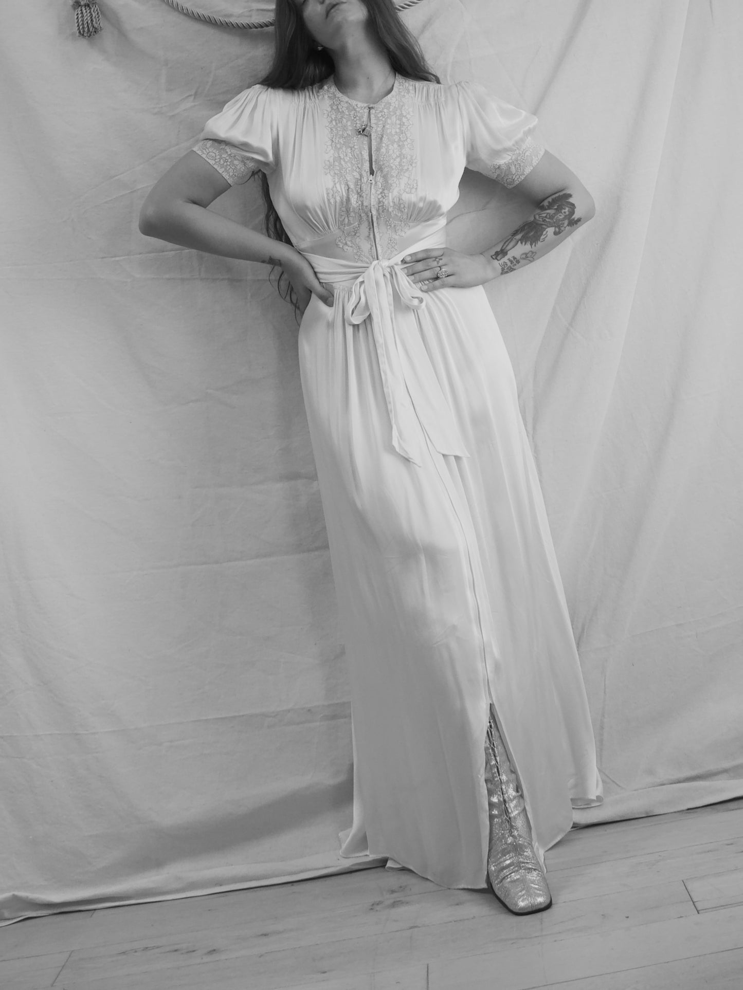 Late 1930s Liquid Silk Satin Trained Zip Front Inset Lace Gown