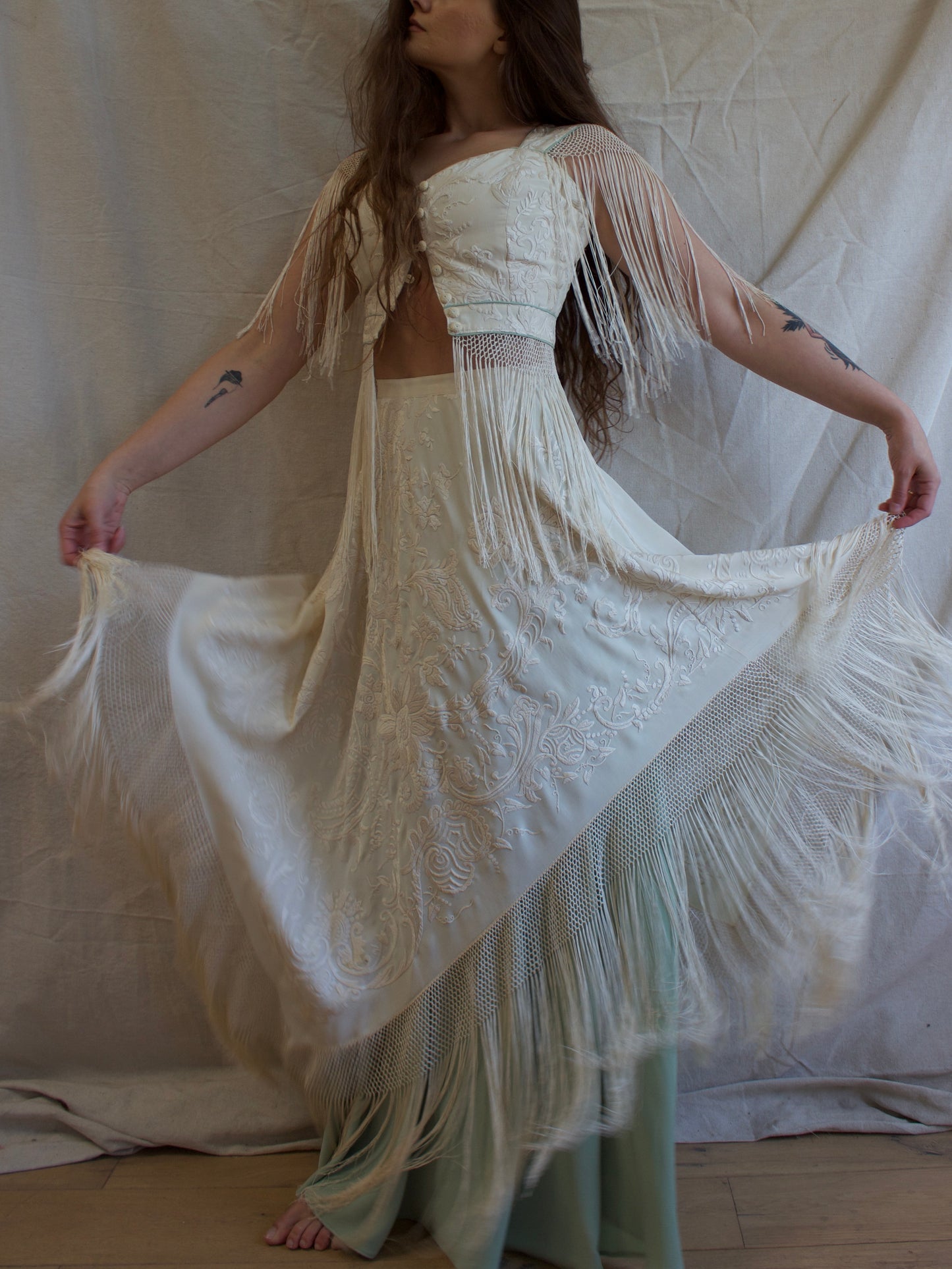 Antique Embroidered Fringe Piano Shawl Made Two Piece Gown