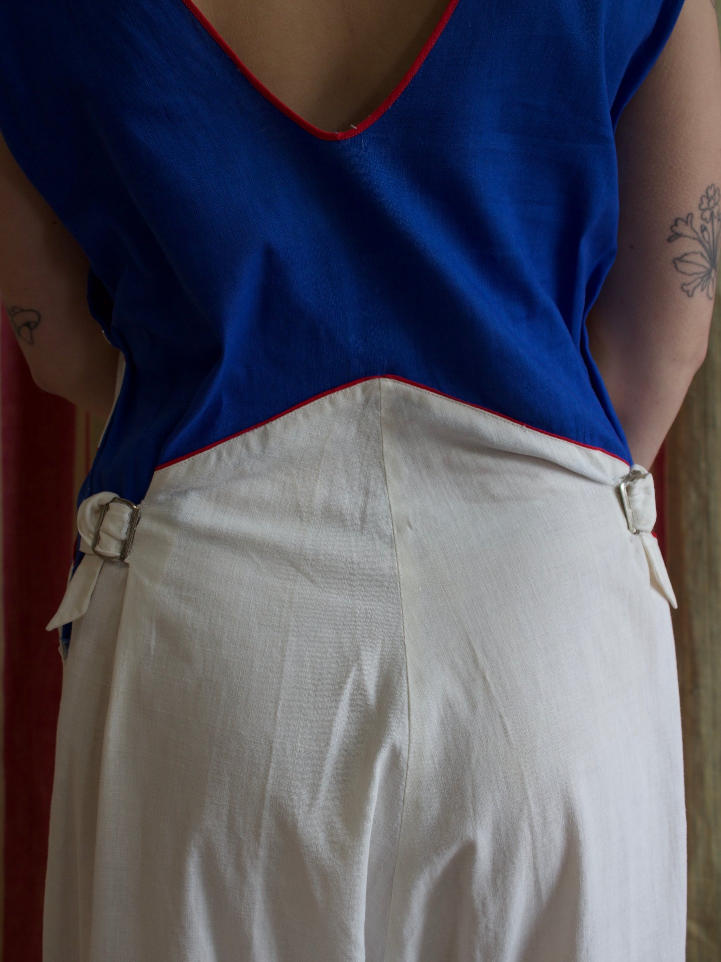Rare 1930s Tri-Tone Cotton Side Button Beach Pajamas / Overalls w* Side Cinch