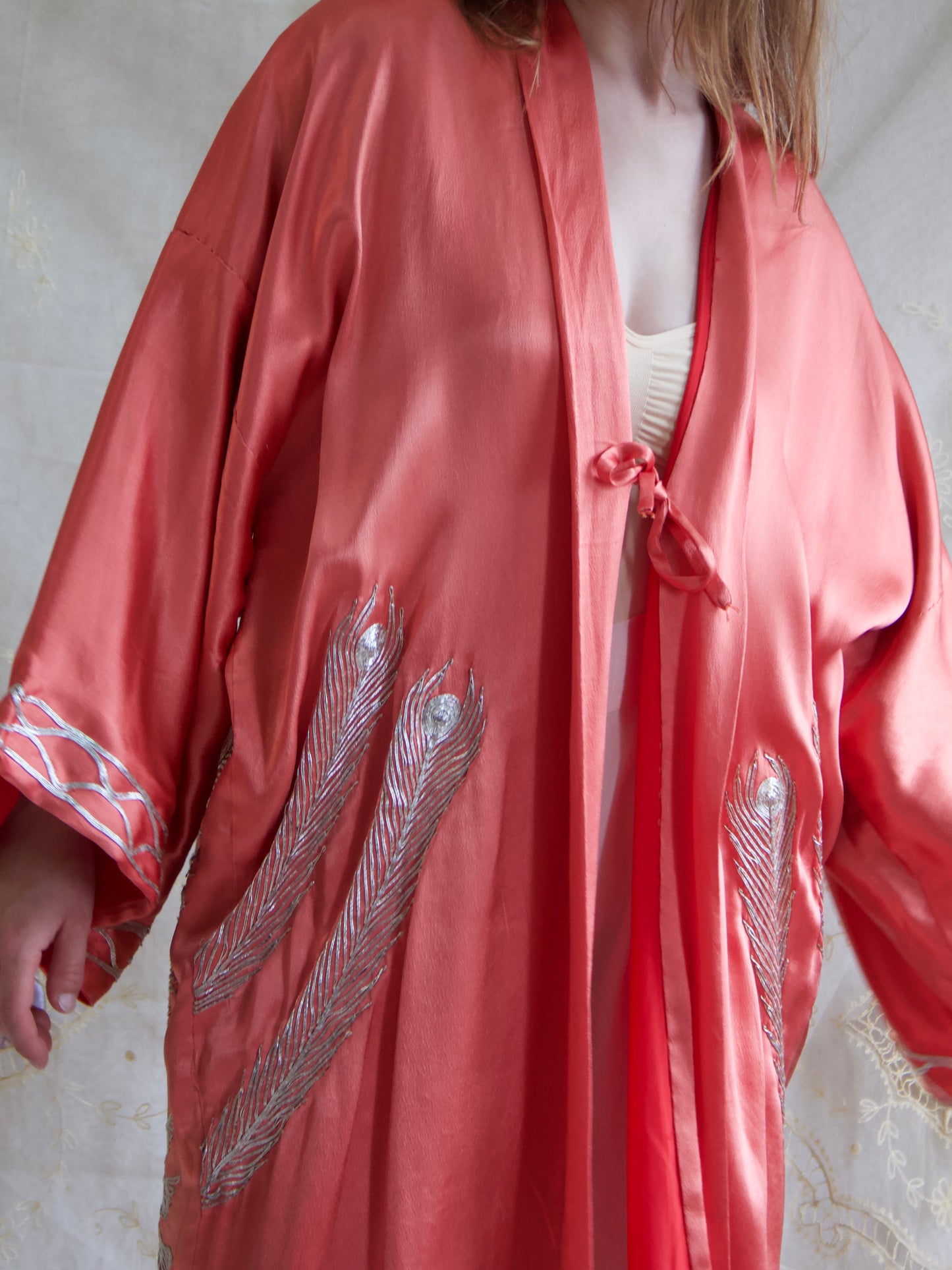 Rare 1940s Salmon Pink Gold Bullion Embroidered Peacock Robe