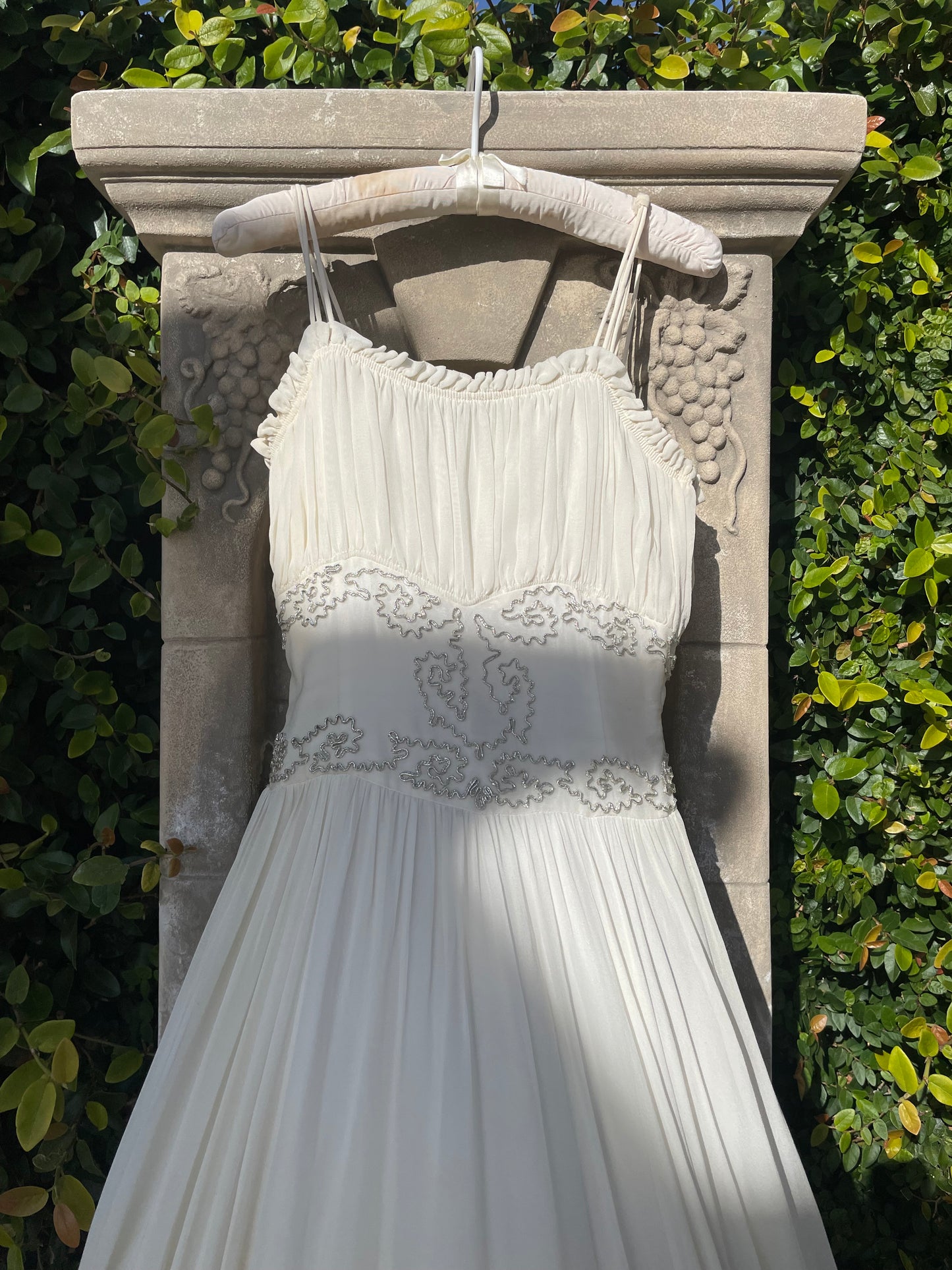 1940s Metallic Soutache Embroidered Chiffon Gown