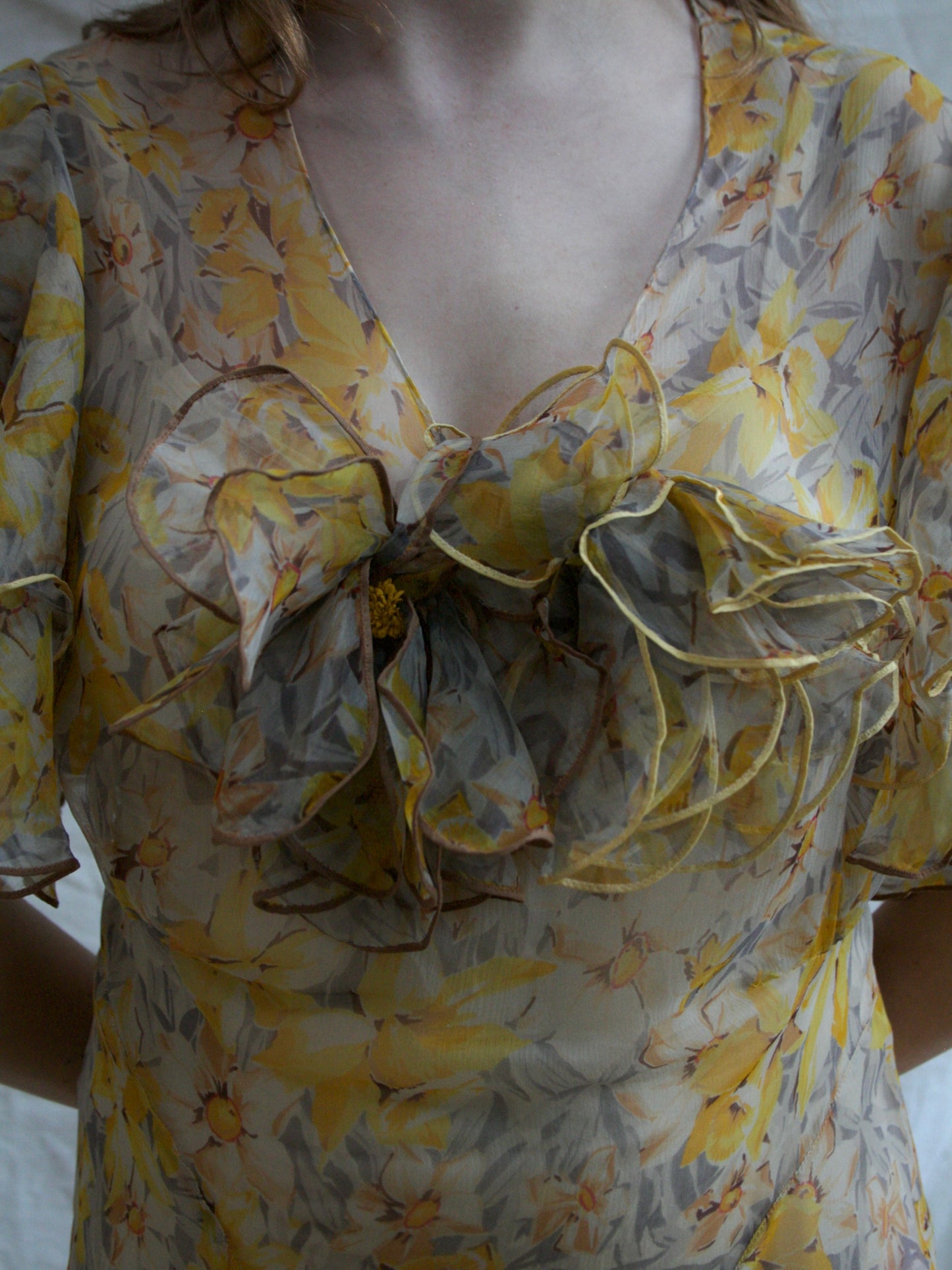 1930s Silk Chiffon Autumnal Flutter Sleeve Deco Bias Cut Gown