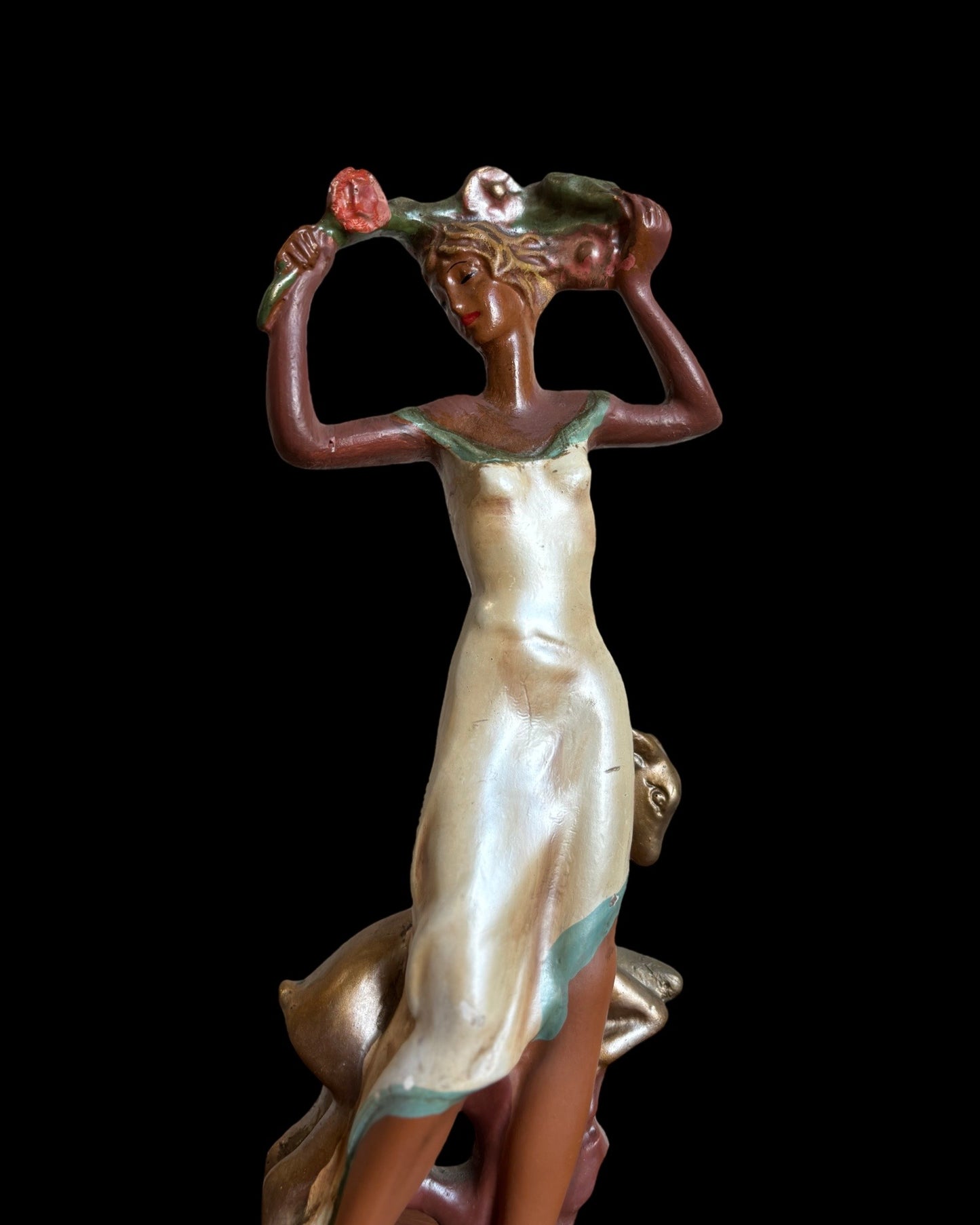 1940s Iridescent Art Nouveau Woman & Lamb Ploychrome Statuette