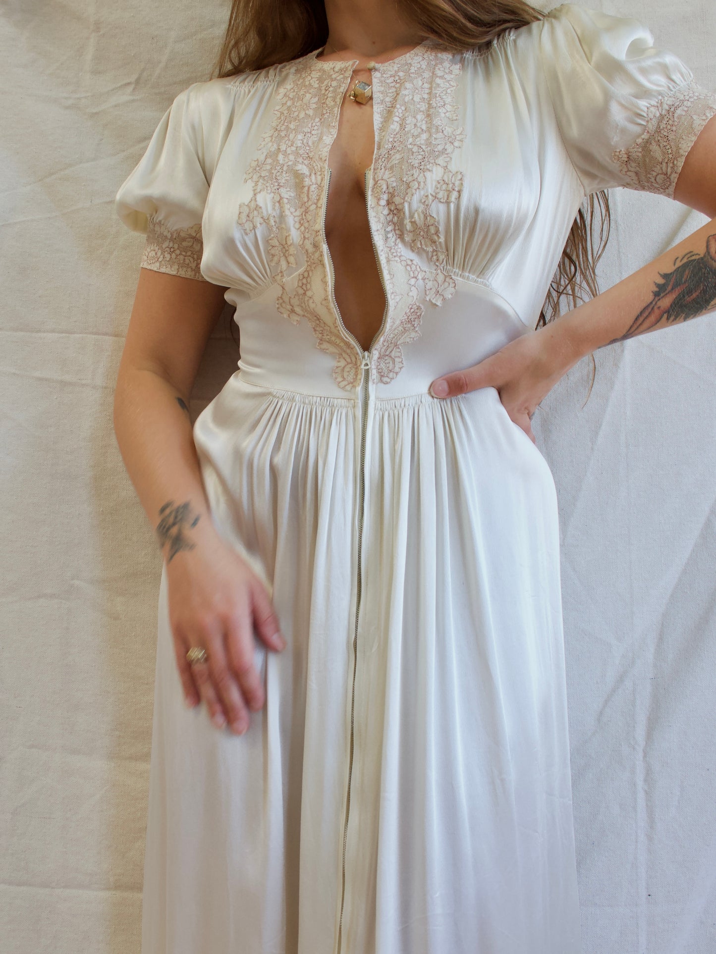 Late 1930s Liquid Silk Satin Trained Zip Front Inset Lace Gown