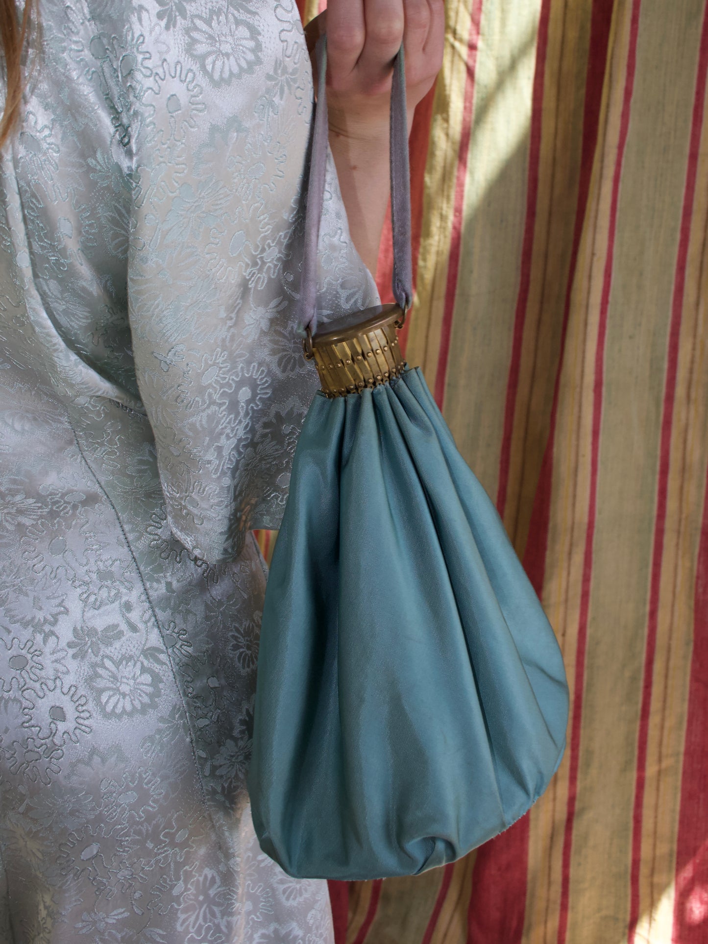 Antique 1920s Pale Pastel Aqua Silk Accordion Closure Bag