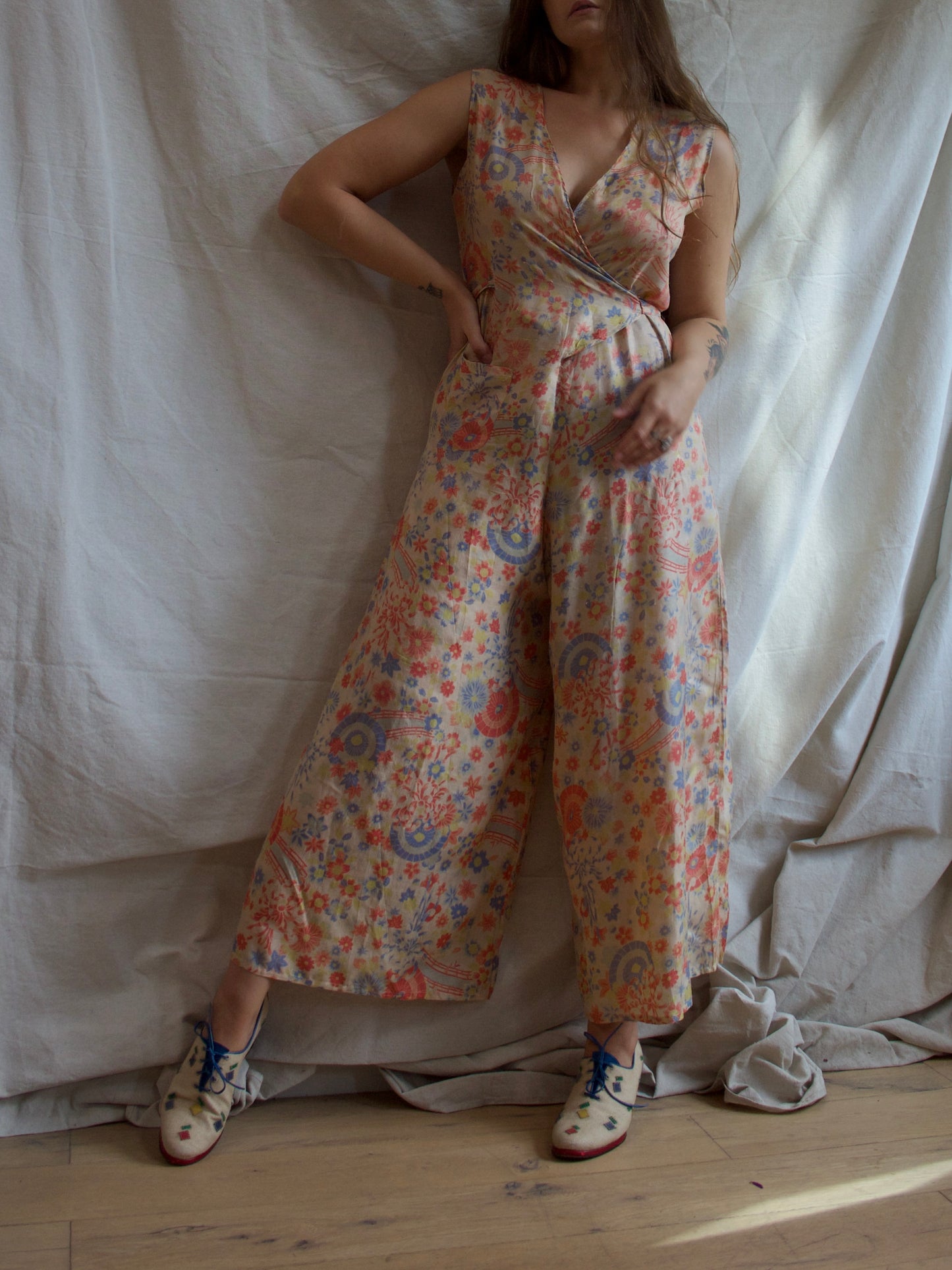1930s All Over Japanese Print Pongee Silk Lounge Jumpsuit