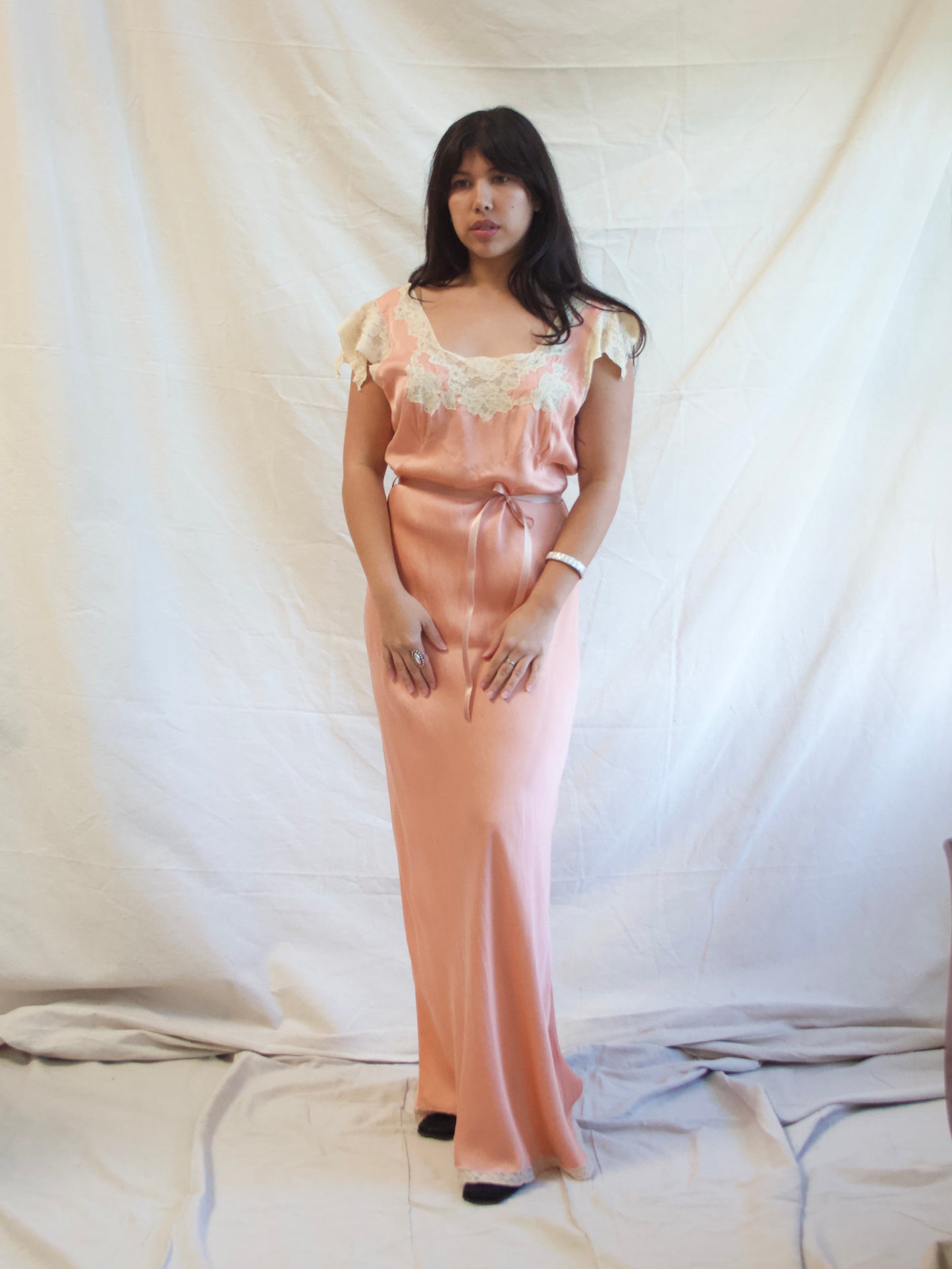1930s Mauve Silk & Lace Cap Sleeve Bias Cut Braided Belt Slip Dress