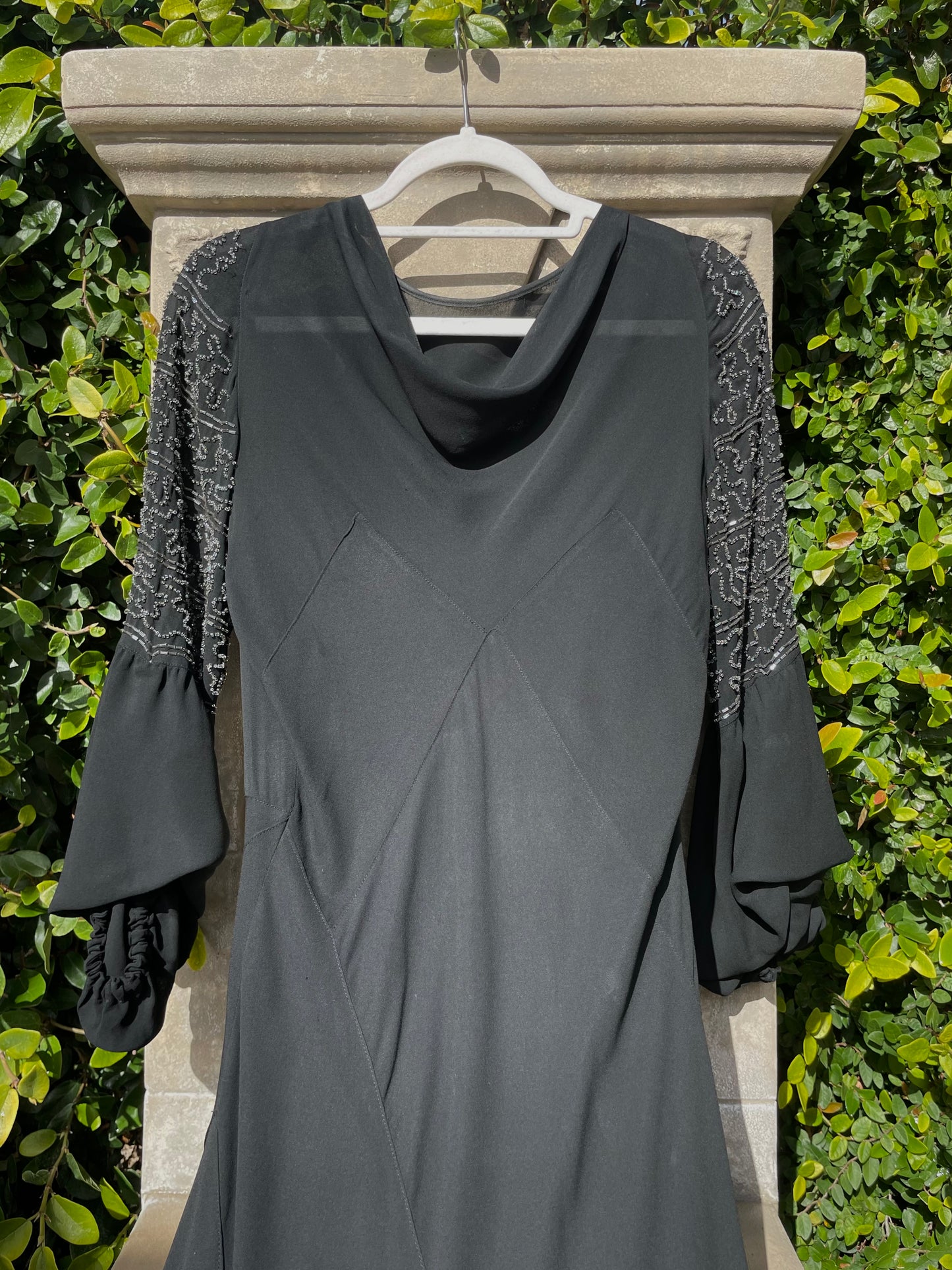 1930s Deco Jet Black Silk Crepe Glass Beaded Bishop Sleeve Dress