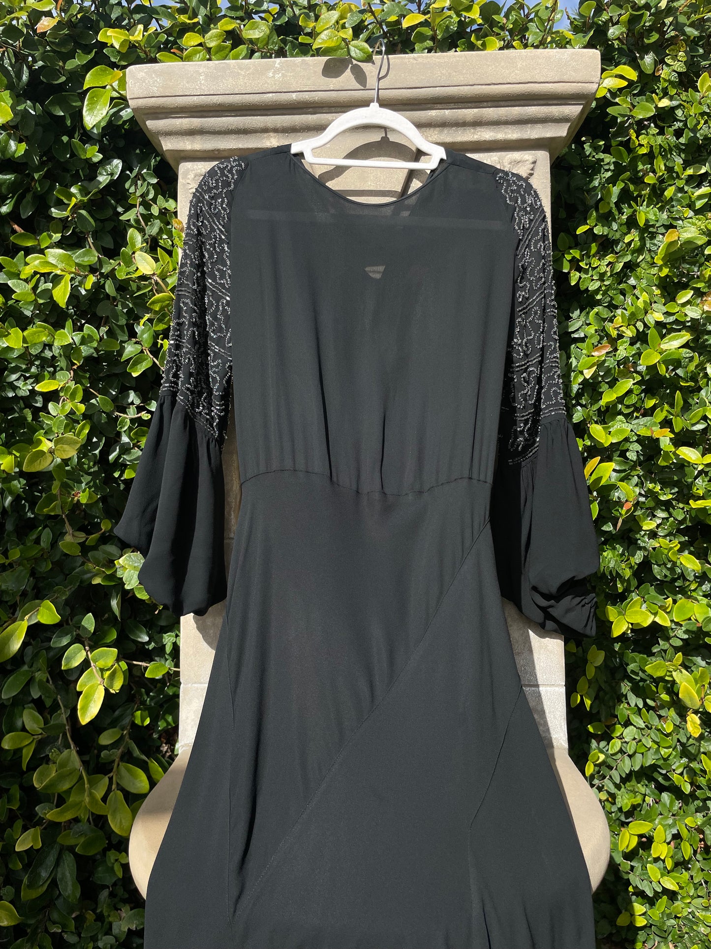1930s Deco Jet Black Silk Crepe Glass Beaded Bishop Sleeve Dress