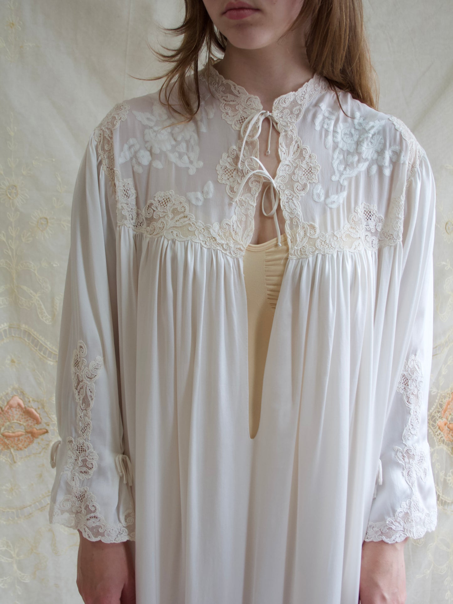 Rare 1930s Silk Lace Hand Sewn Balloon Sleeve Deep V Trousseau Gown
