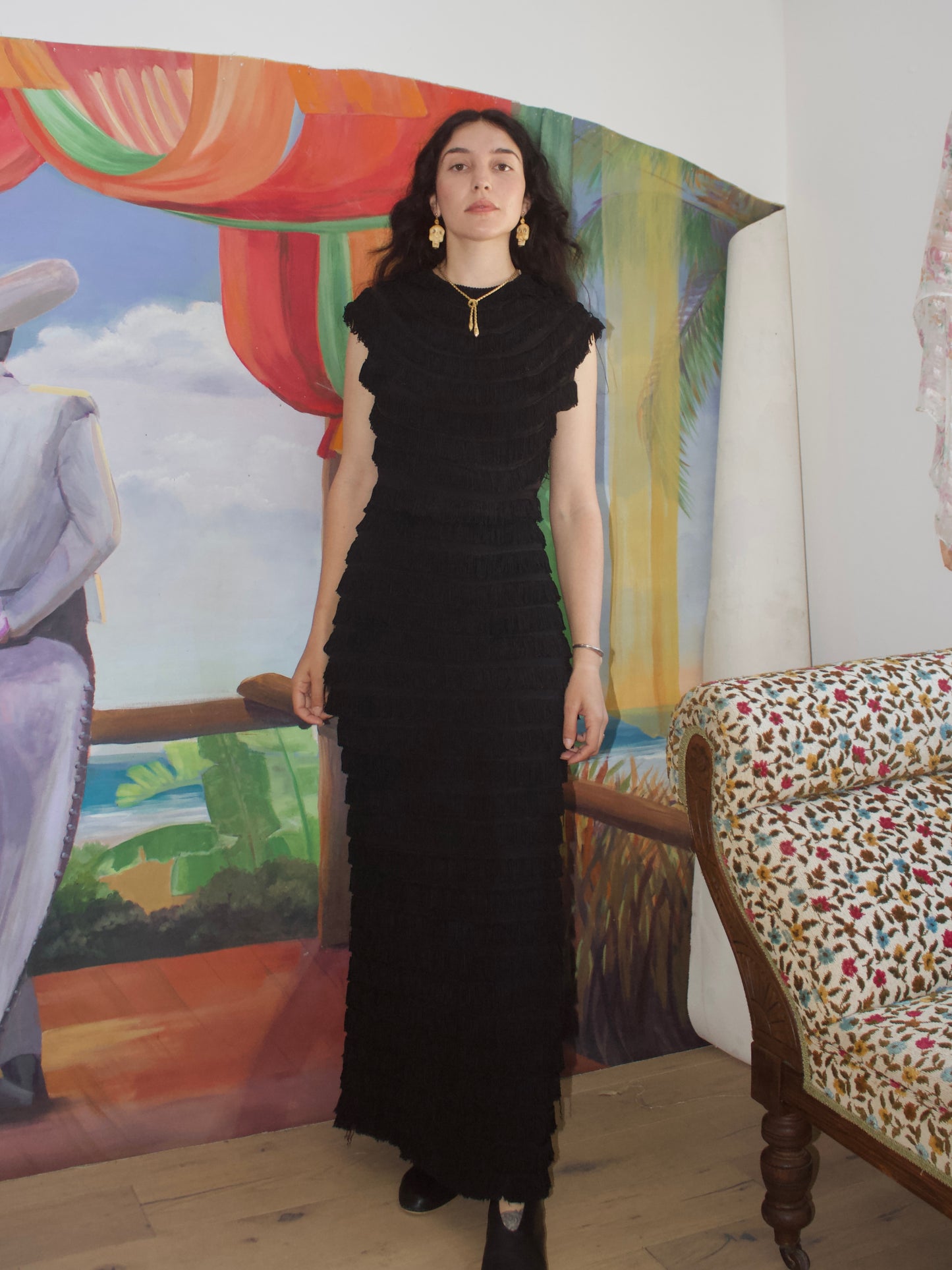 Special 1930s Rowed Fringe Rayon Crepe Floor Length Trained Gown
