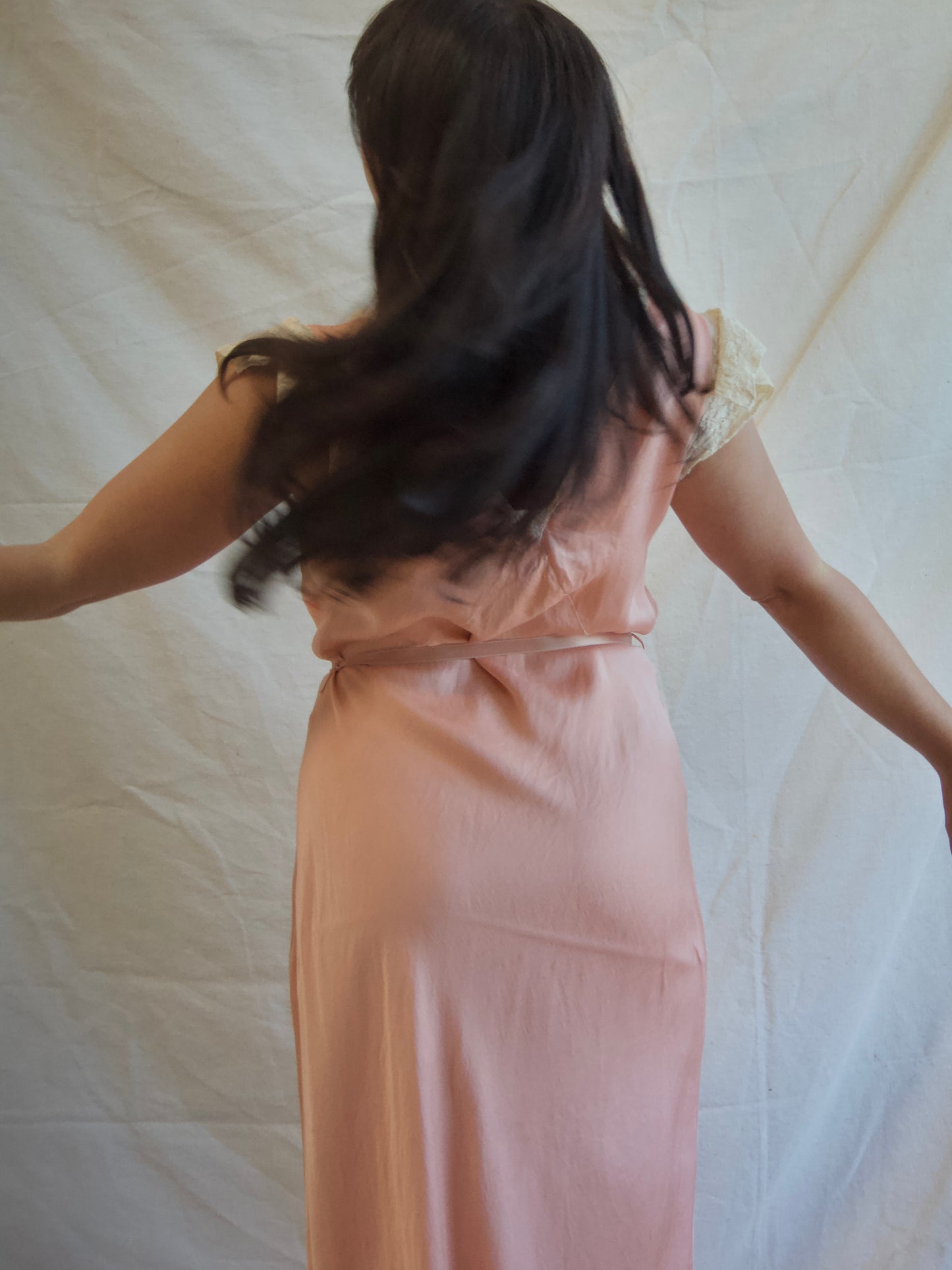 1930s Mauve Silk & Lace Cap Sleeve Bias Cut Braided Belt Slip Dress