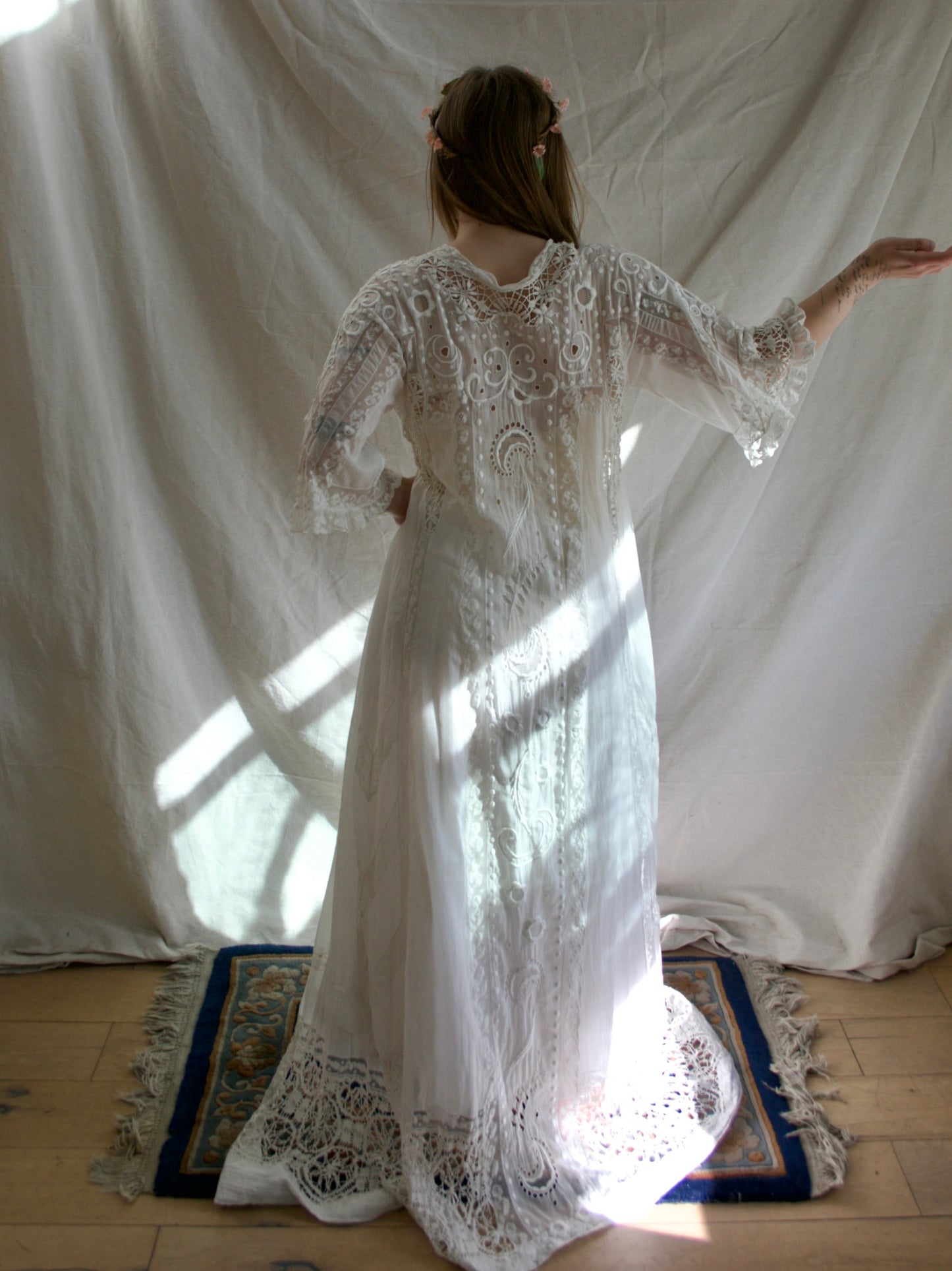 Special Antique Edwardian Whitework Batiste Cotton Crochet Lace Troussea Gown