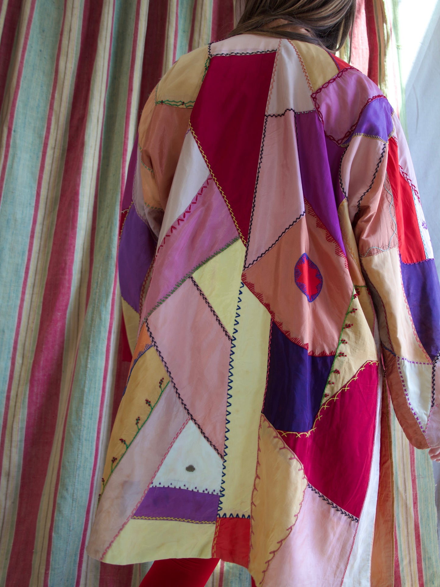 1940s Neon Rayon Crazy Quilt Bell Sleeve Tunic Style Jacket