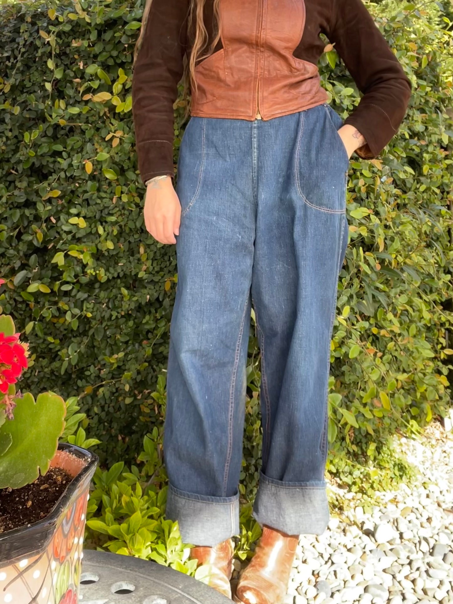 1950s Riveted ‘Kitty Carson' Double Snap Side Zip Dark Denim