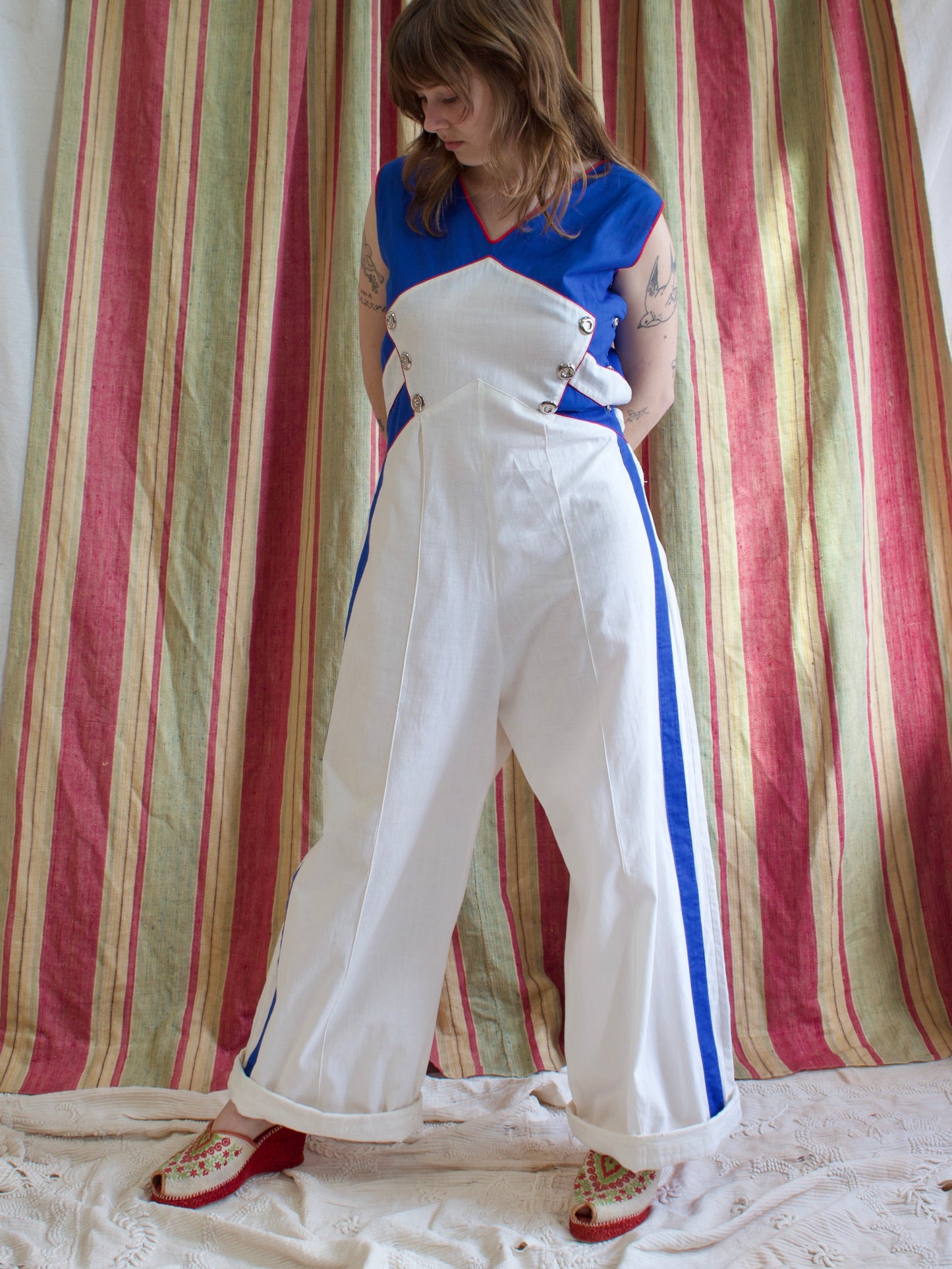 Rare 1930s Tri-Tone Cotton Side Button Beach Pajamas / Overalls w* Side Cinch