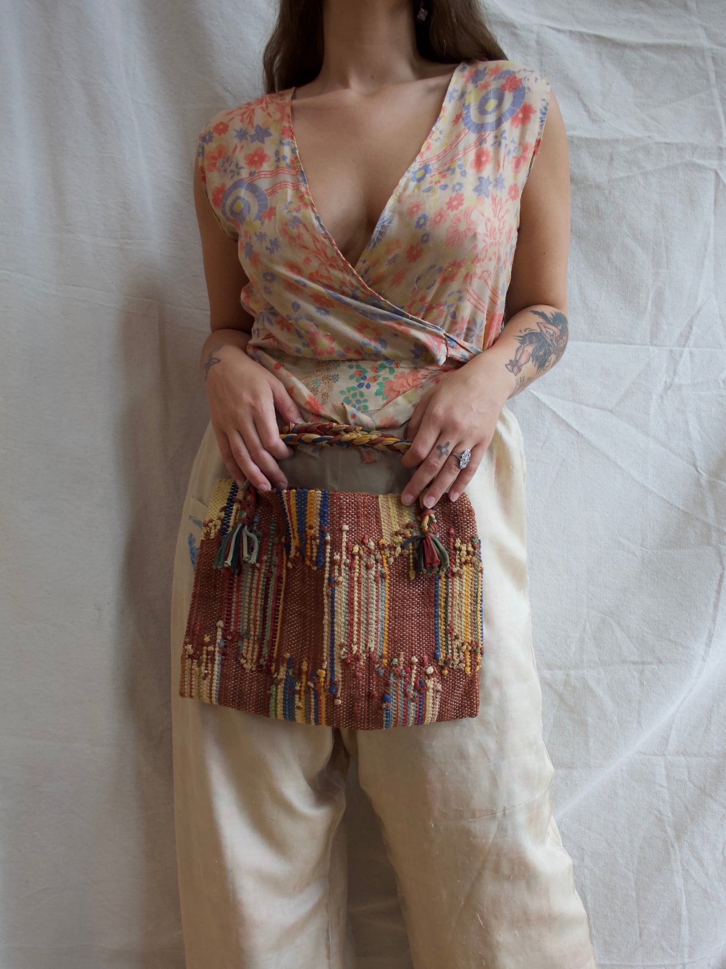 1930s Handmade Woven Autumnal Rag Rug Handbag