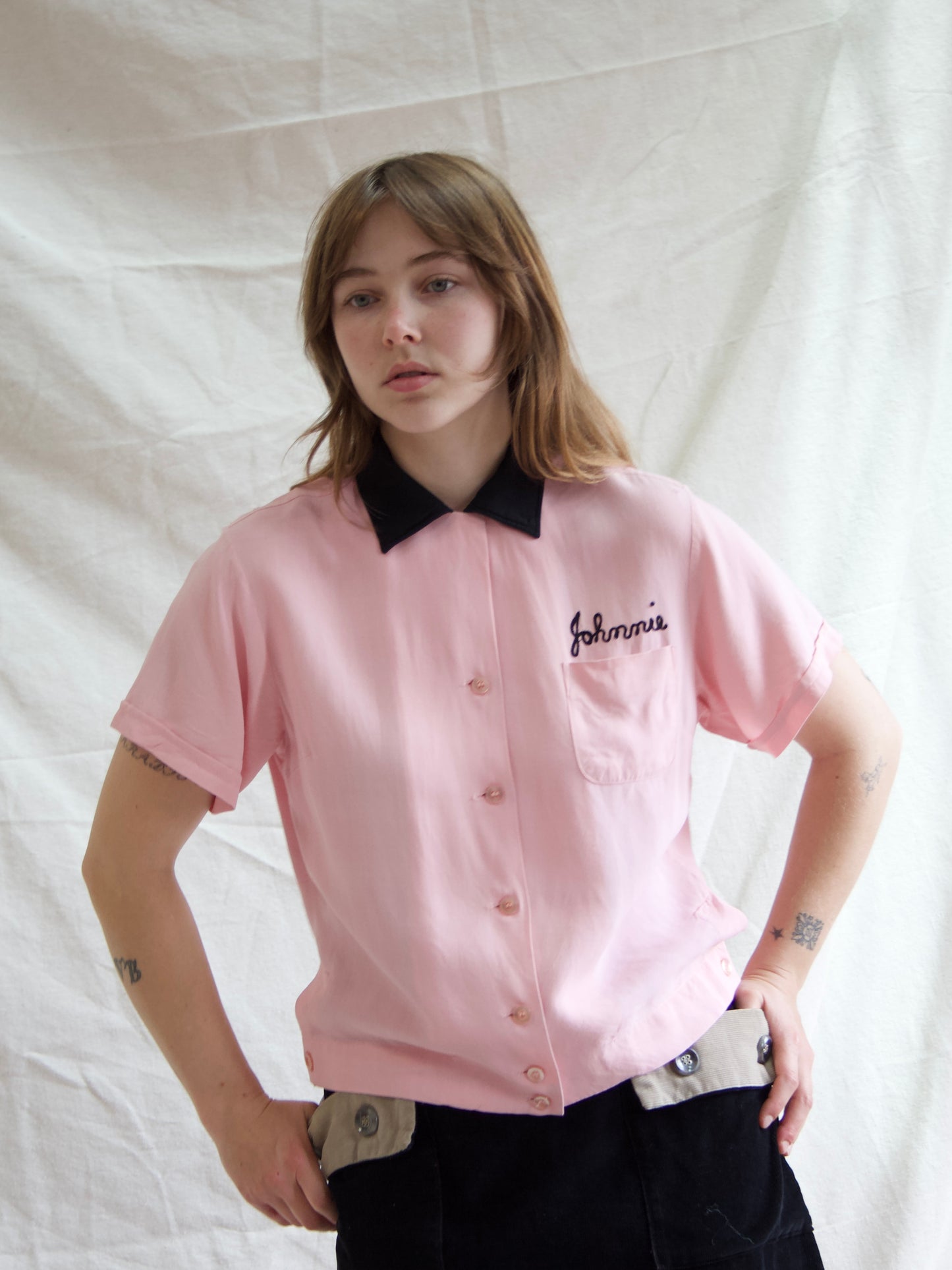 Rare 1950s “Starkeys Bowlerettes” Pink Rhinestone Embellished Gabardine Bowling Shirt