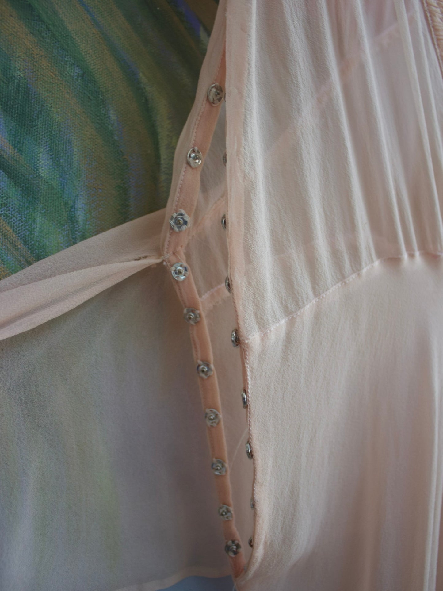 1930s Pale Pink Silk Chiffon Smocked Tie Waist Gown