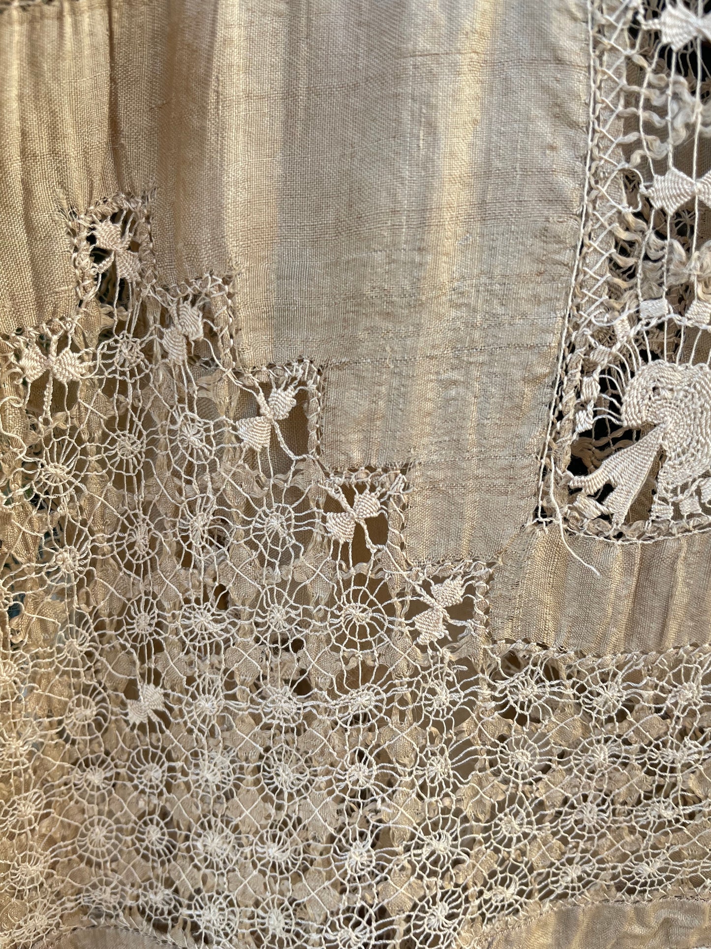 Late Teens, Early 1920s Raw Silk Spider Web Drawnwork Two Piece Dress Set