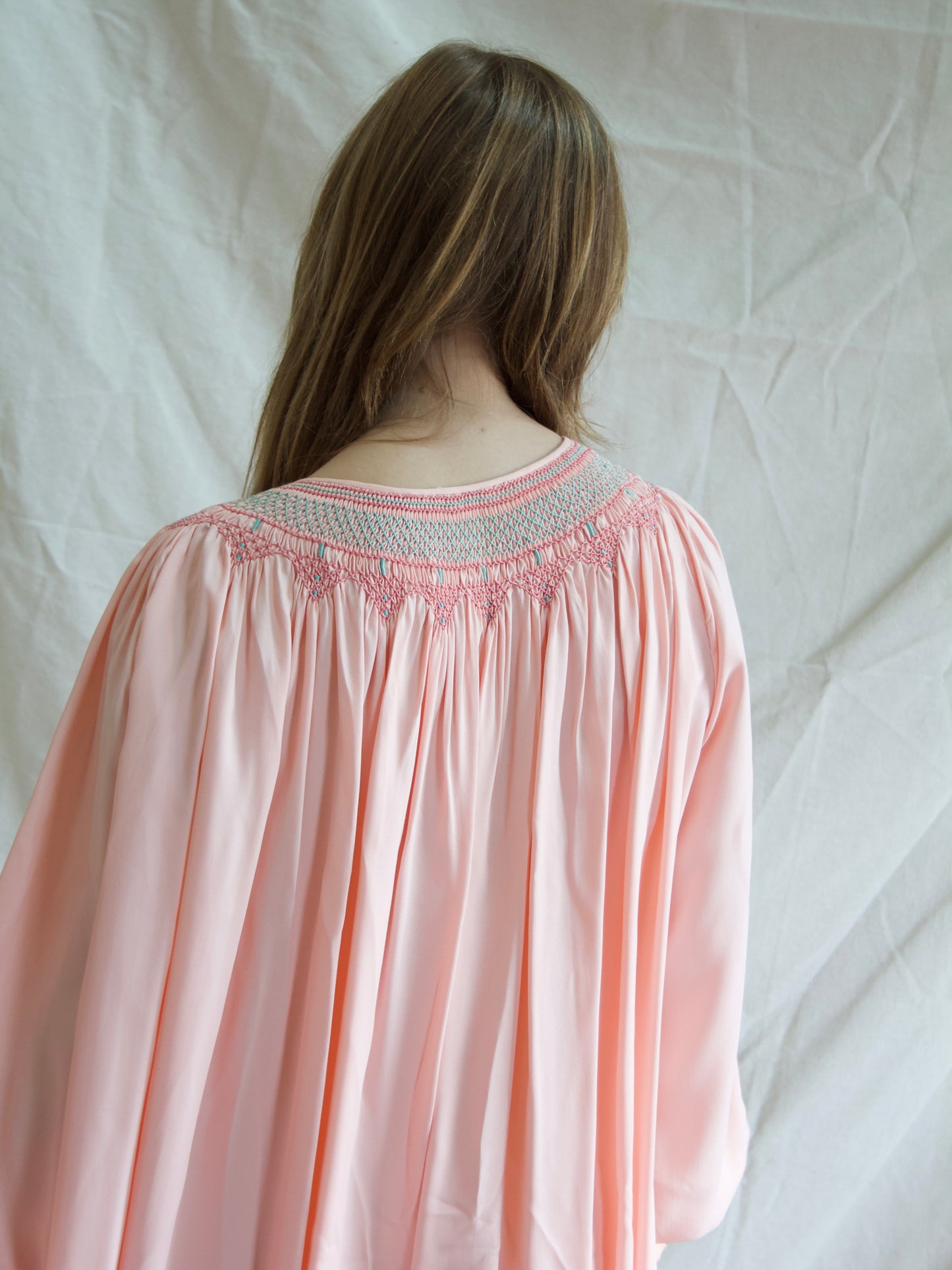 1940s Open front Smocked Balloon Sleeve Silk Crepe Smock Dress