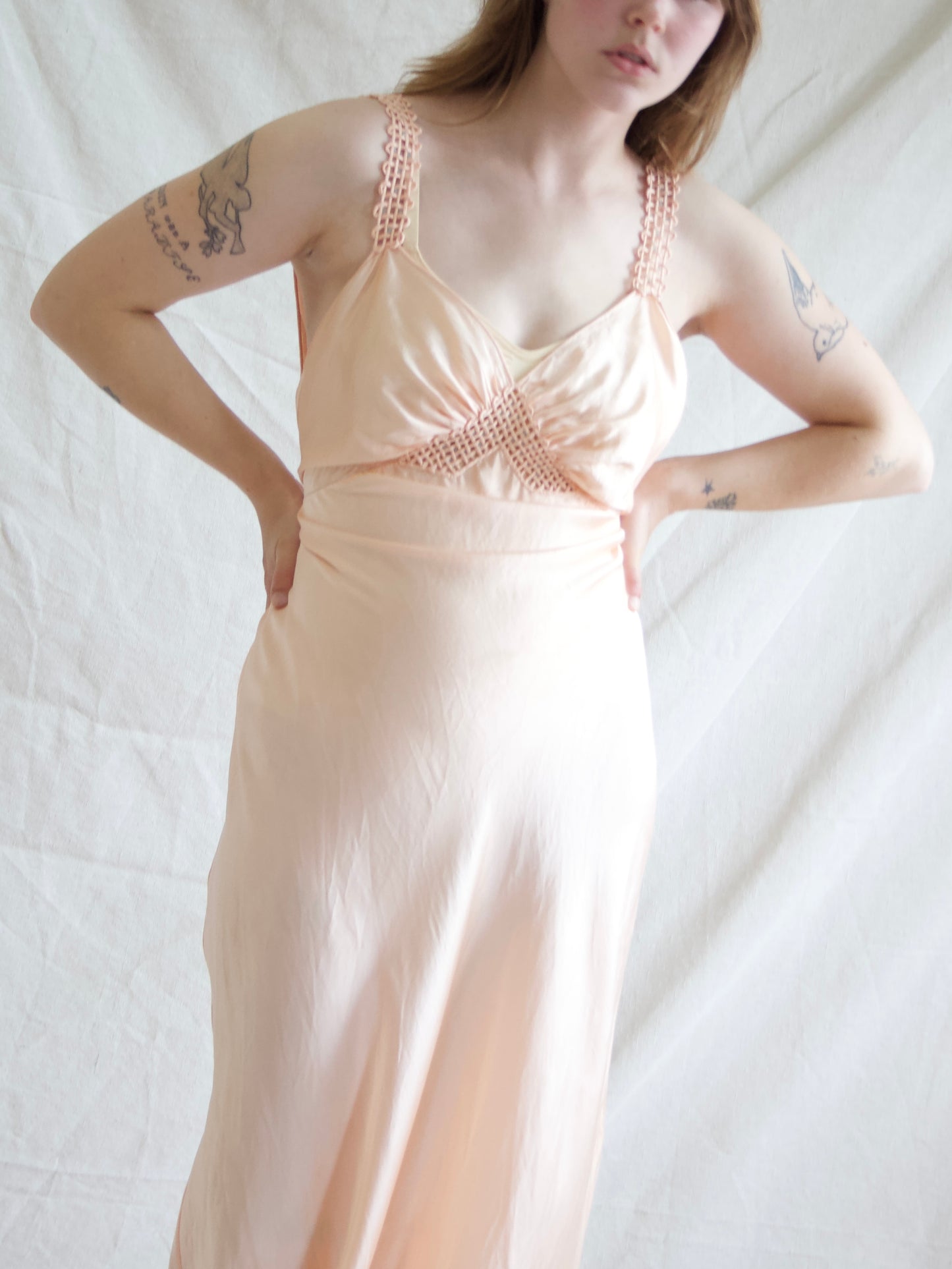 1930s Hand Sewn Woven Strap Bias Cut Silk Midriff Detail Slip Dress