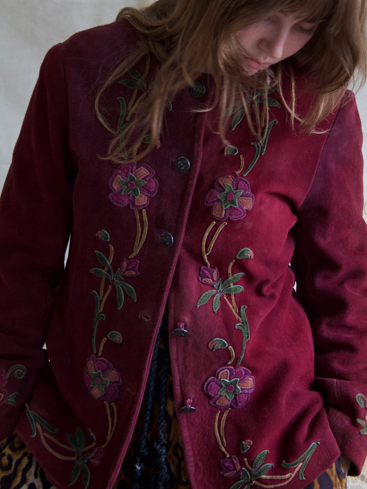 1970s Aubergine Suede Floral Applique Jacket