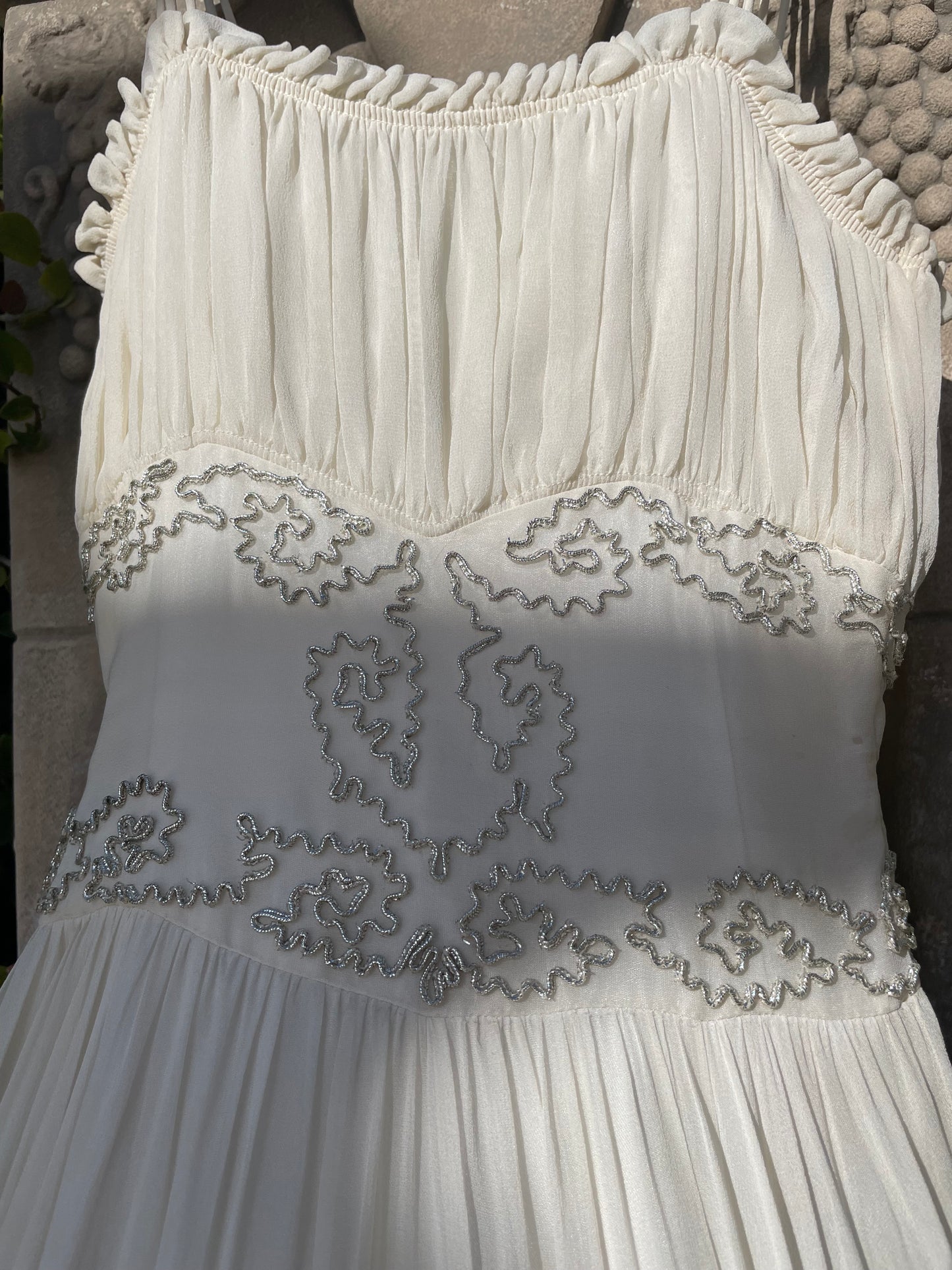 1940s Metallic Soutache Embroidered Chiffon Gown