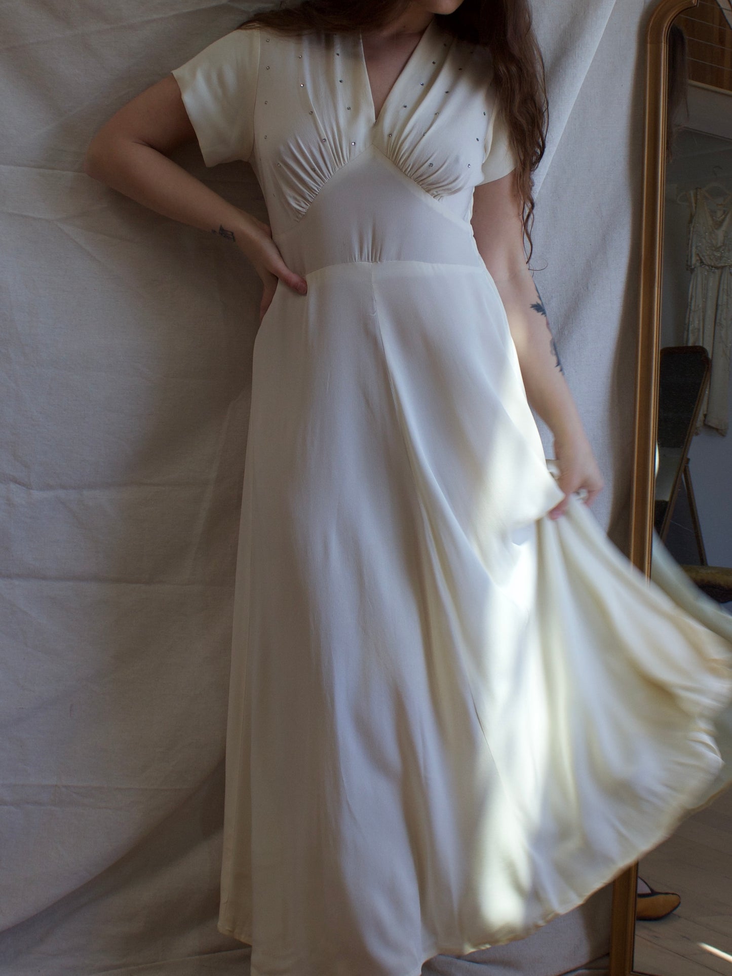 1940s Diamante Silk Crepe Bias Cut Gown
