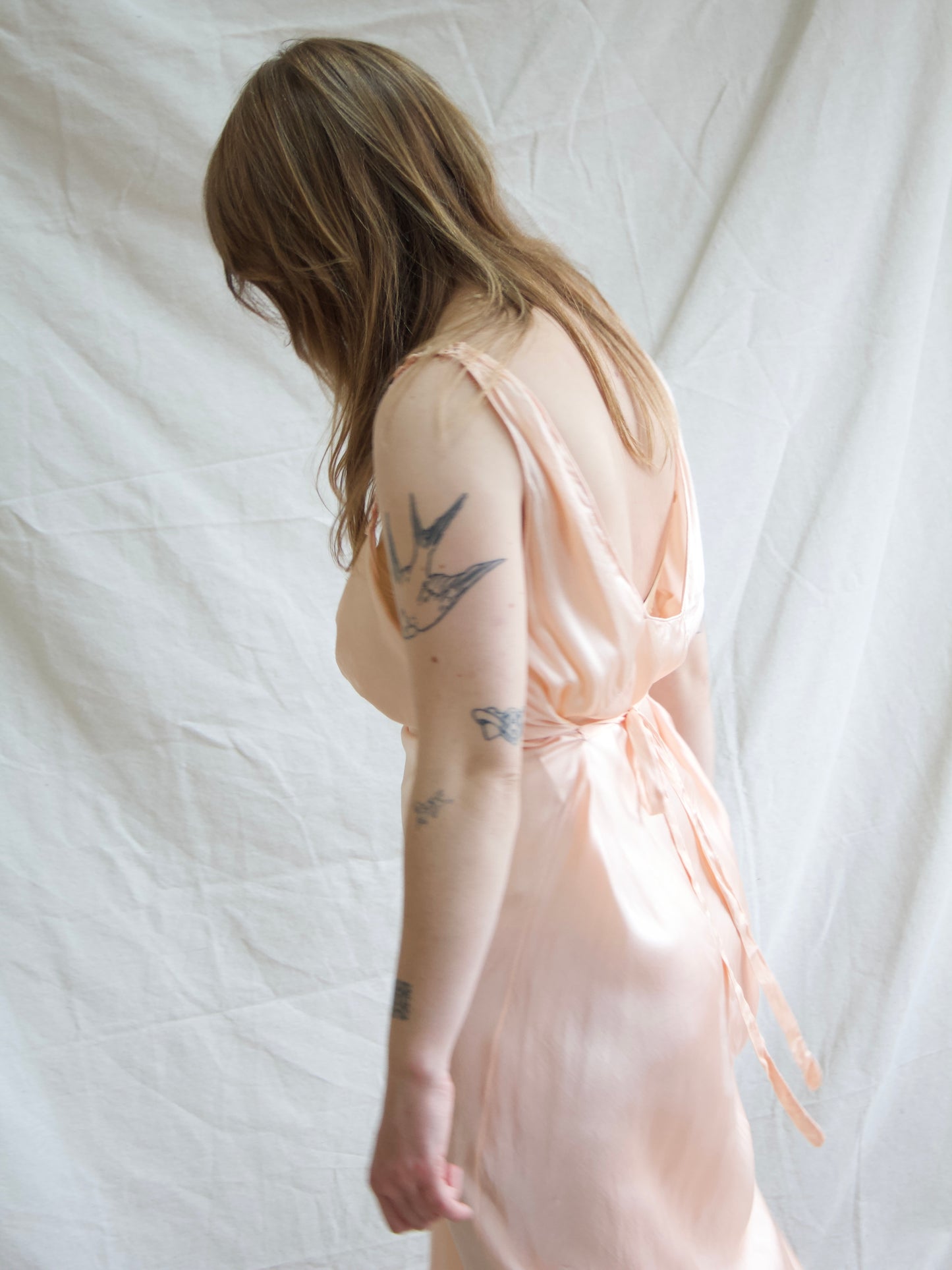1930s Hand Sewn Woven Strap Bias Cut Silk Midriff Detail Slip Dress