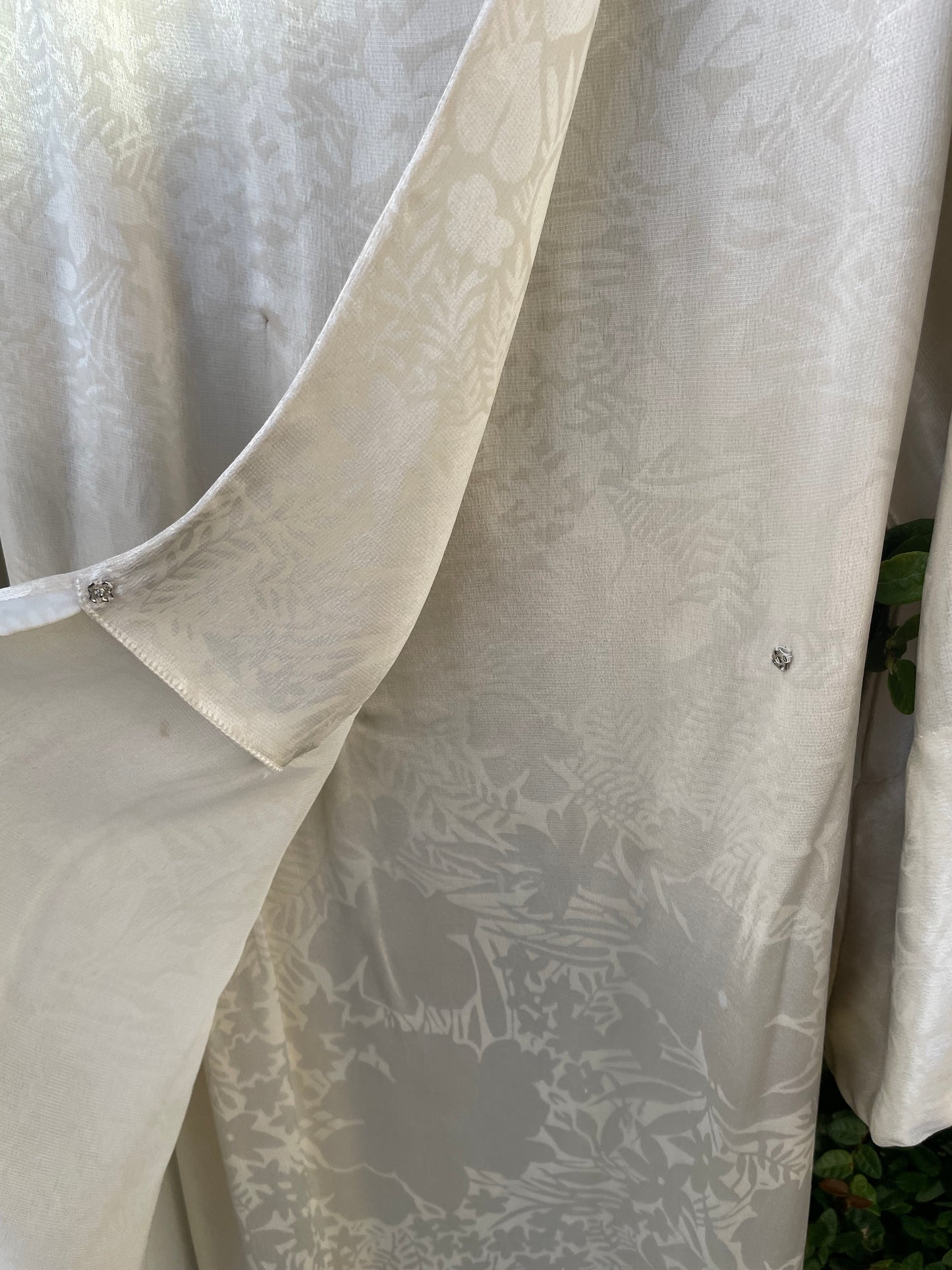 1930s Bell Sleeve Floral Ivory Charmeuse Collared Hostess Gown