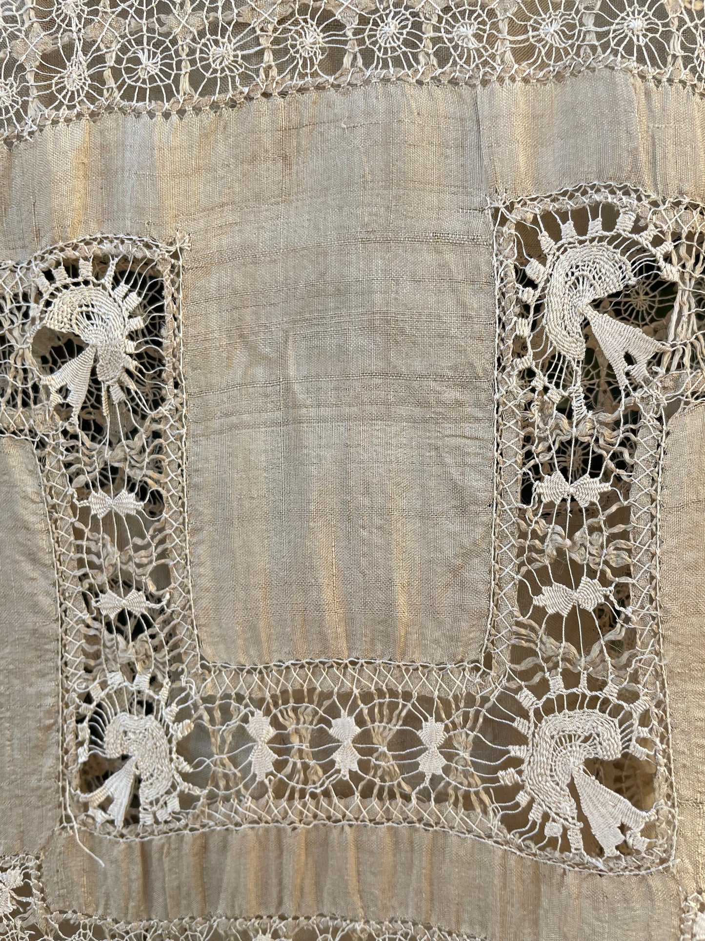 Late Teens, Early 1920s Raw Silk Spider Web Drawnwork Two Piece Dress Set