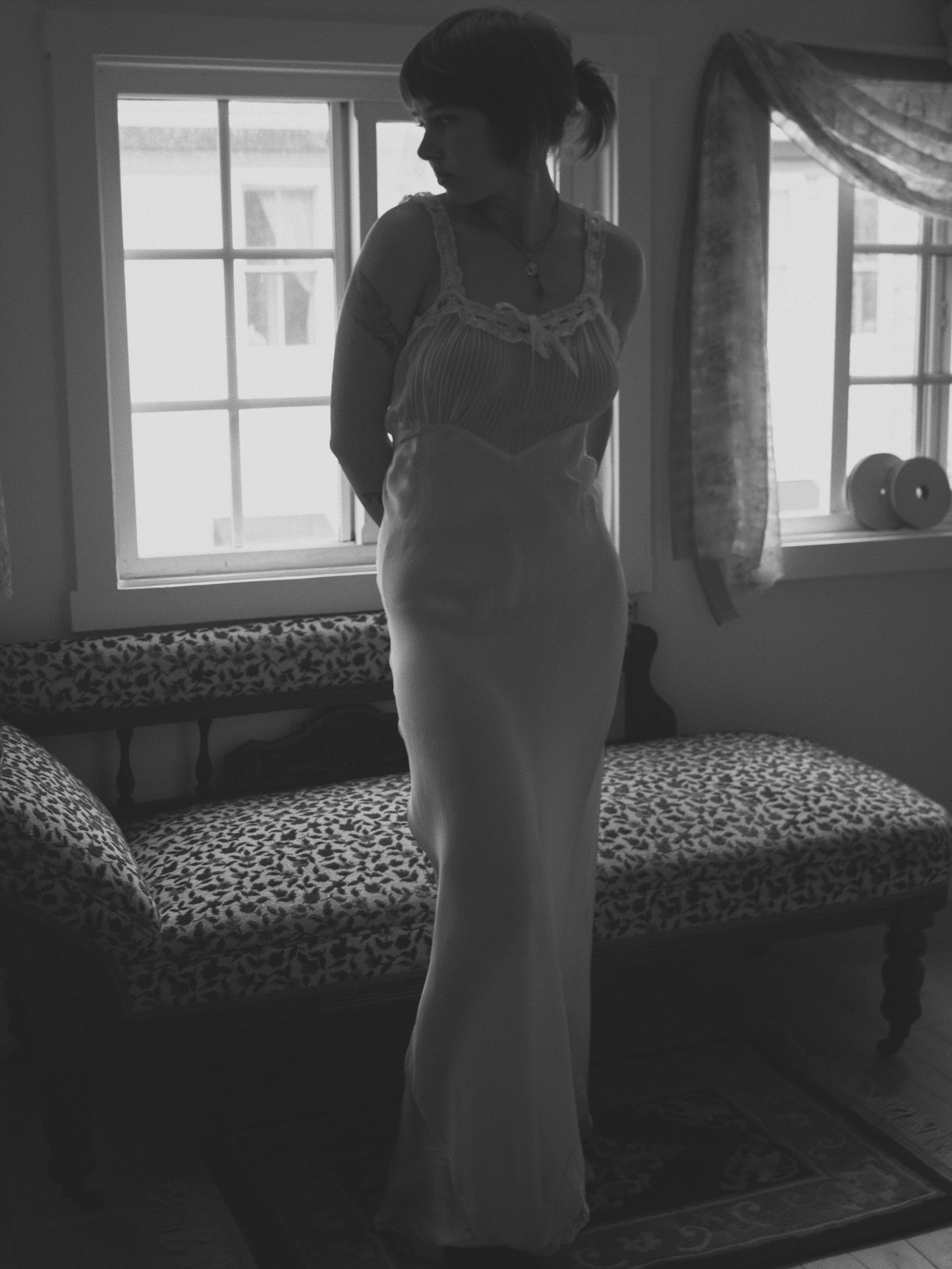 1930s Ivory Silk & Chiffon Bias Cut Slip Dress W/ Lace Trim