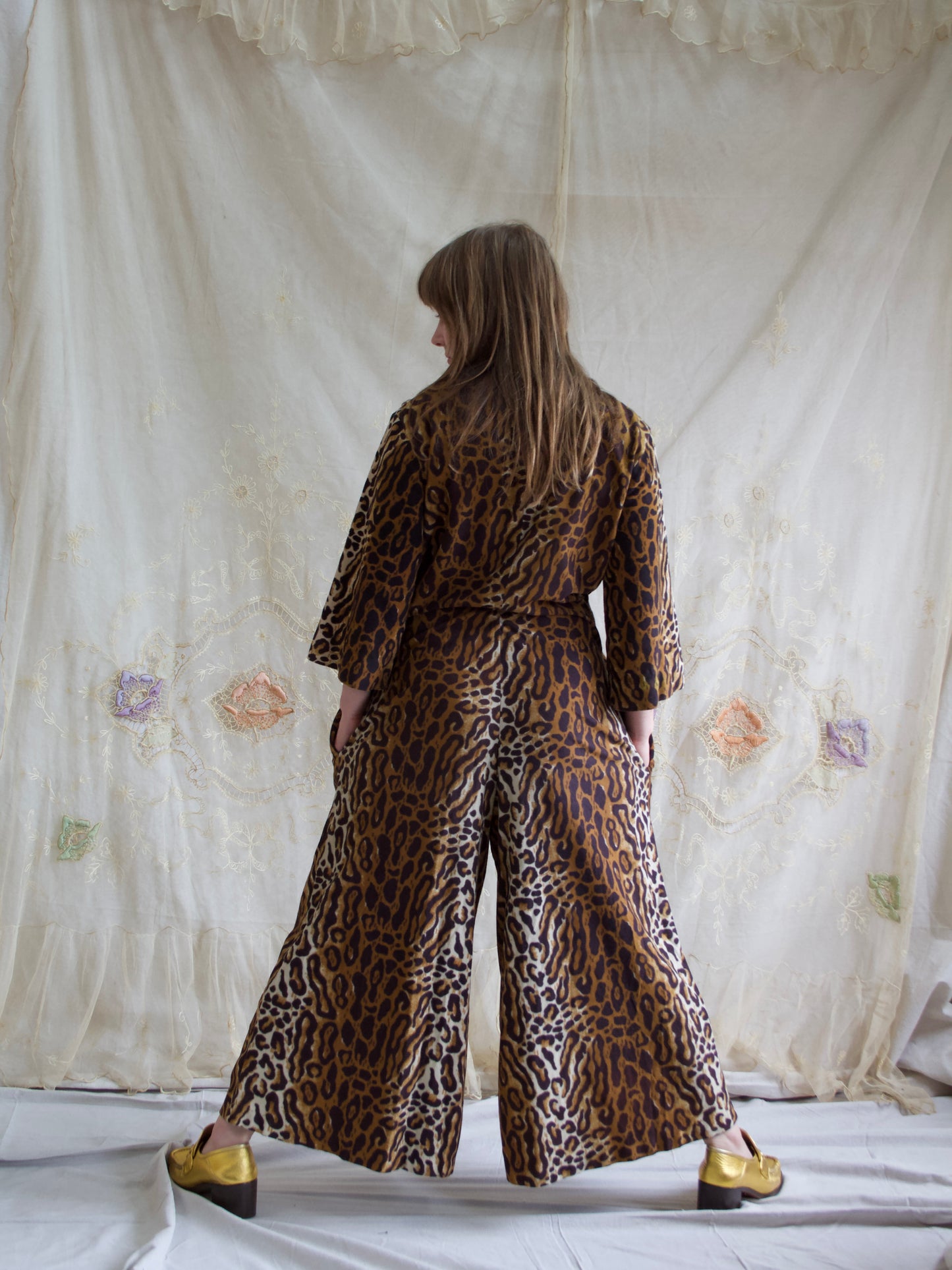 1950s Cheetah Print Plush Palazzo Pant Zip Front Lounge Jumpsuit