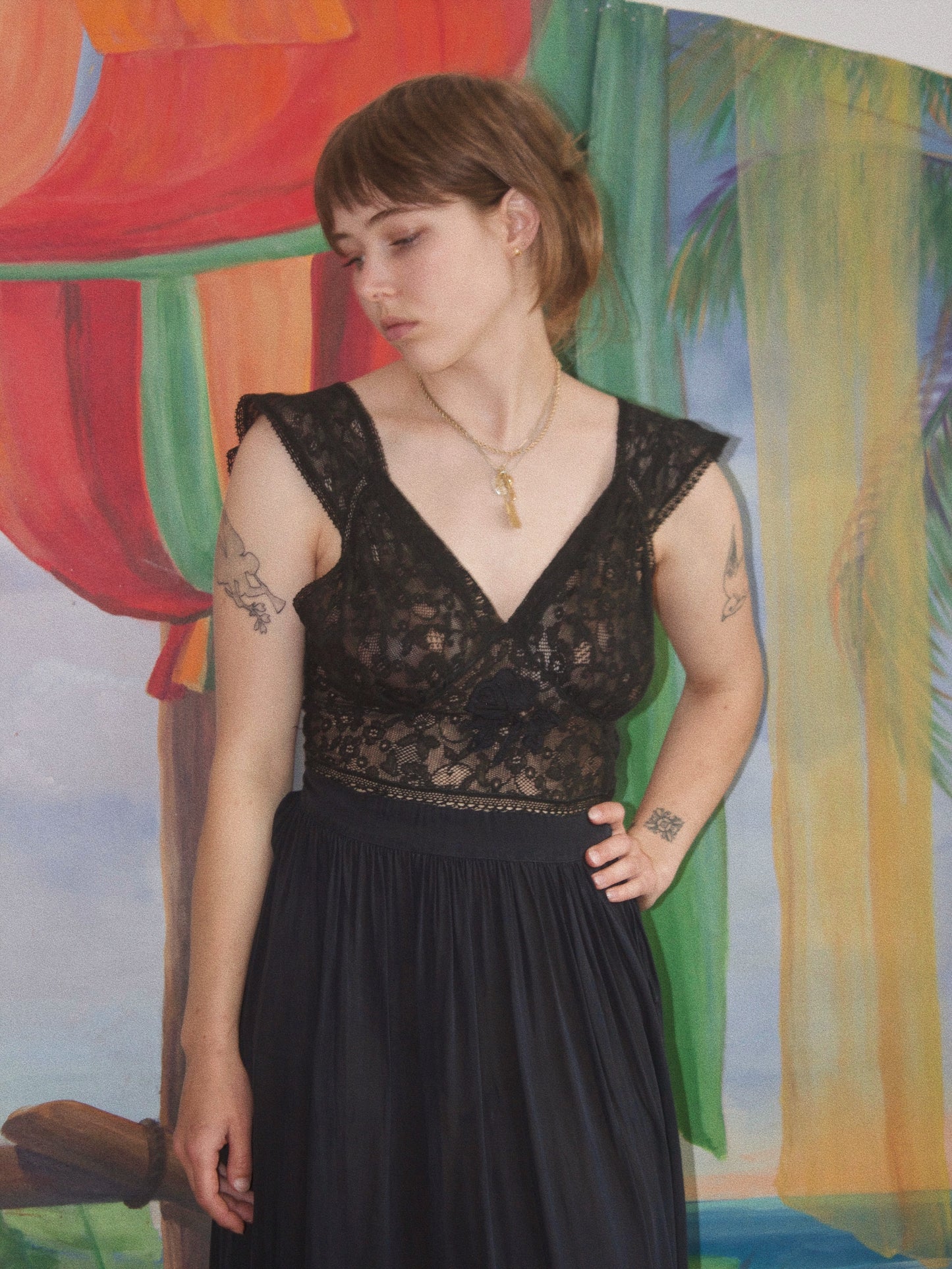 1930s Side Button Appliqué Lace & Silk Crepe Slip Dress