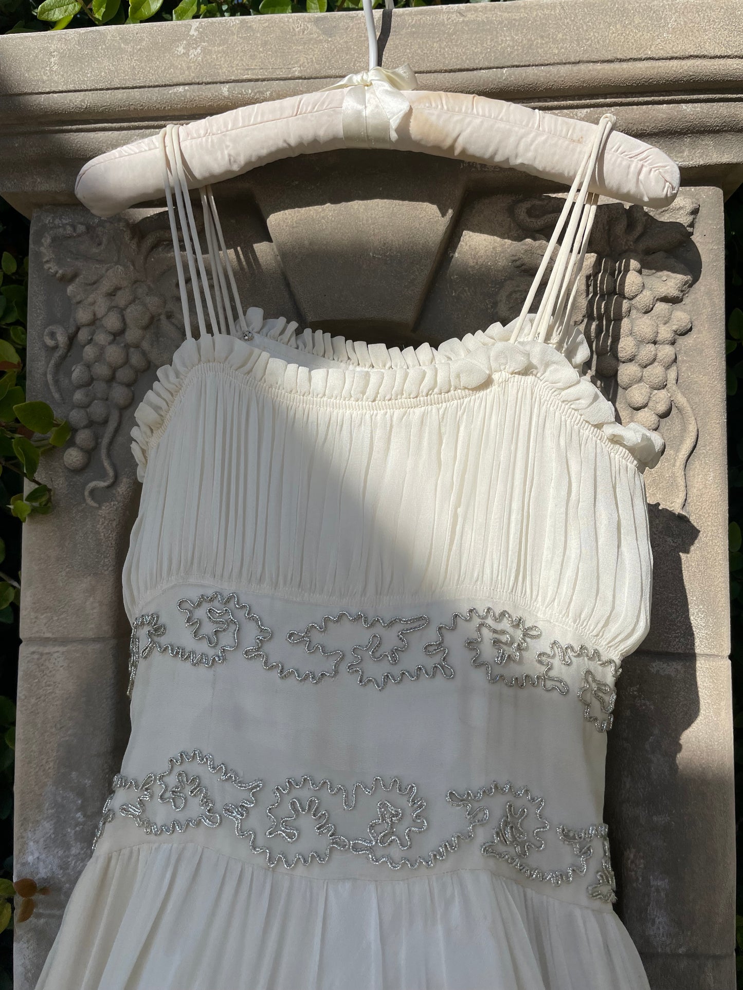 1940s Metallic Soutache Embroidered Chiffon Gown