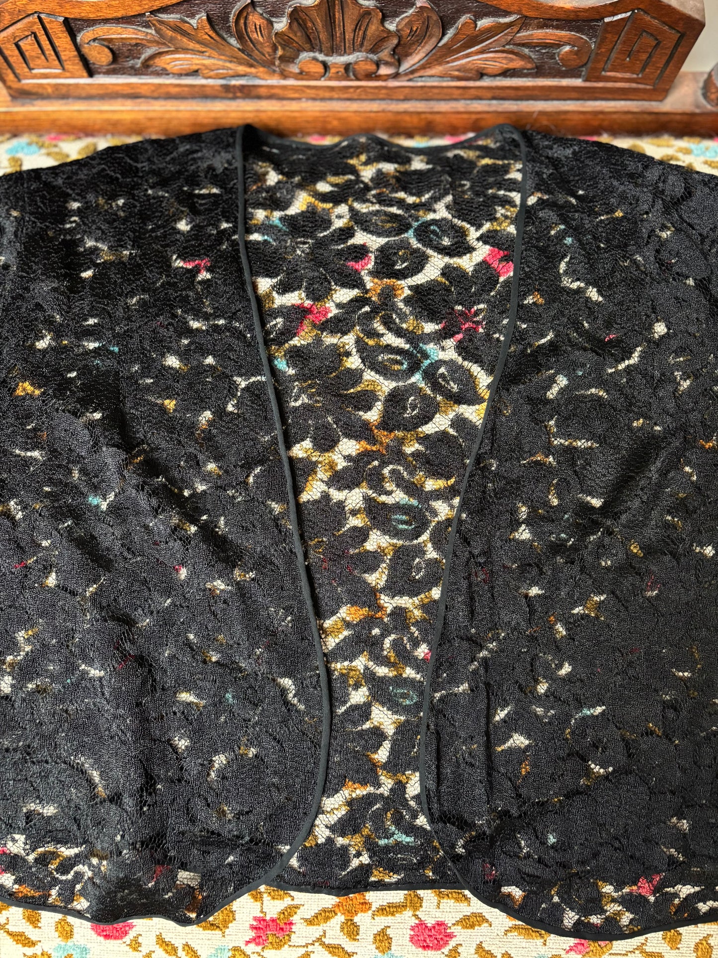 1930s Inky Black Bell Sleeve Floral Lace Bolero Jacket
