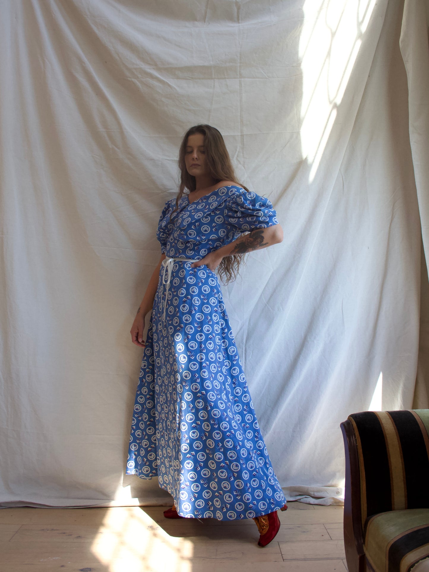 1930s Nautical Print Gigot Sleeve Cotton Beach Dress