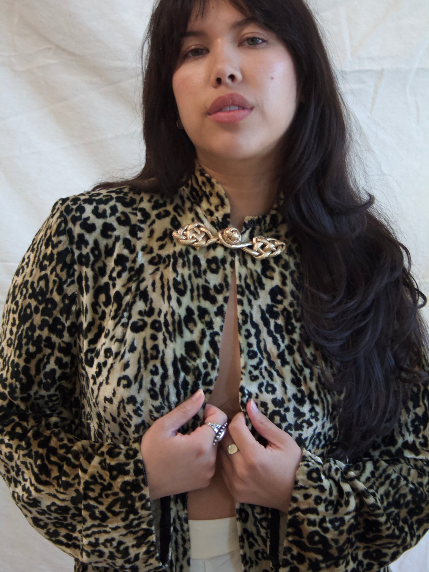 1940s Plush Leopard Print Velvet Mandarine Collar Blouse
