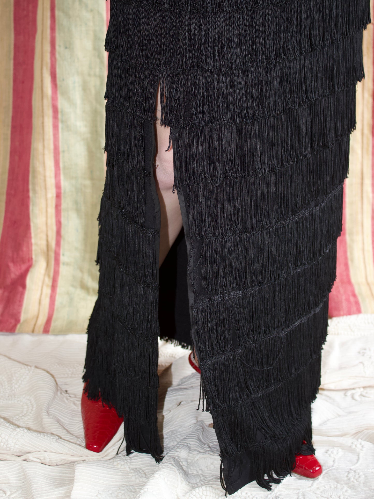 Rare 1940s Halter Style Floor Length Fringe Crepe Gown