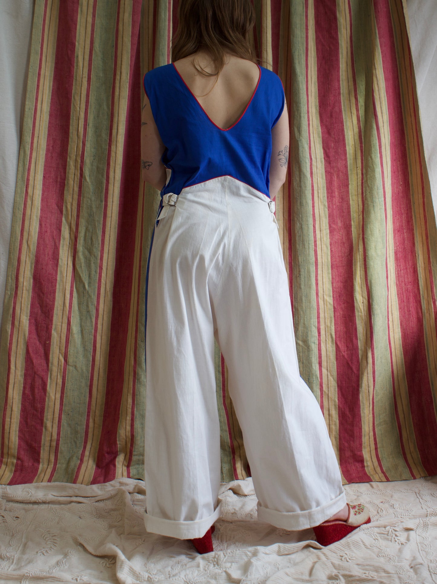 Rare 1930s Tri-Tone Cotton Side Button Beach Pajamas / Overalls w* Side Cinch
