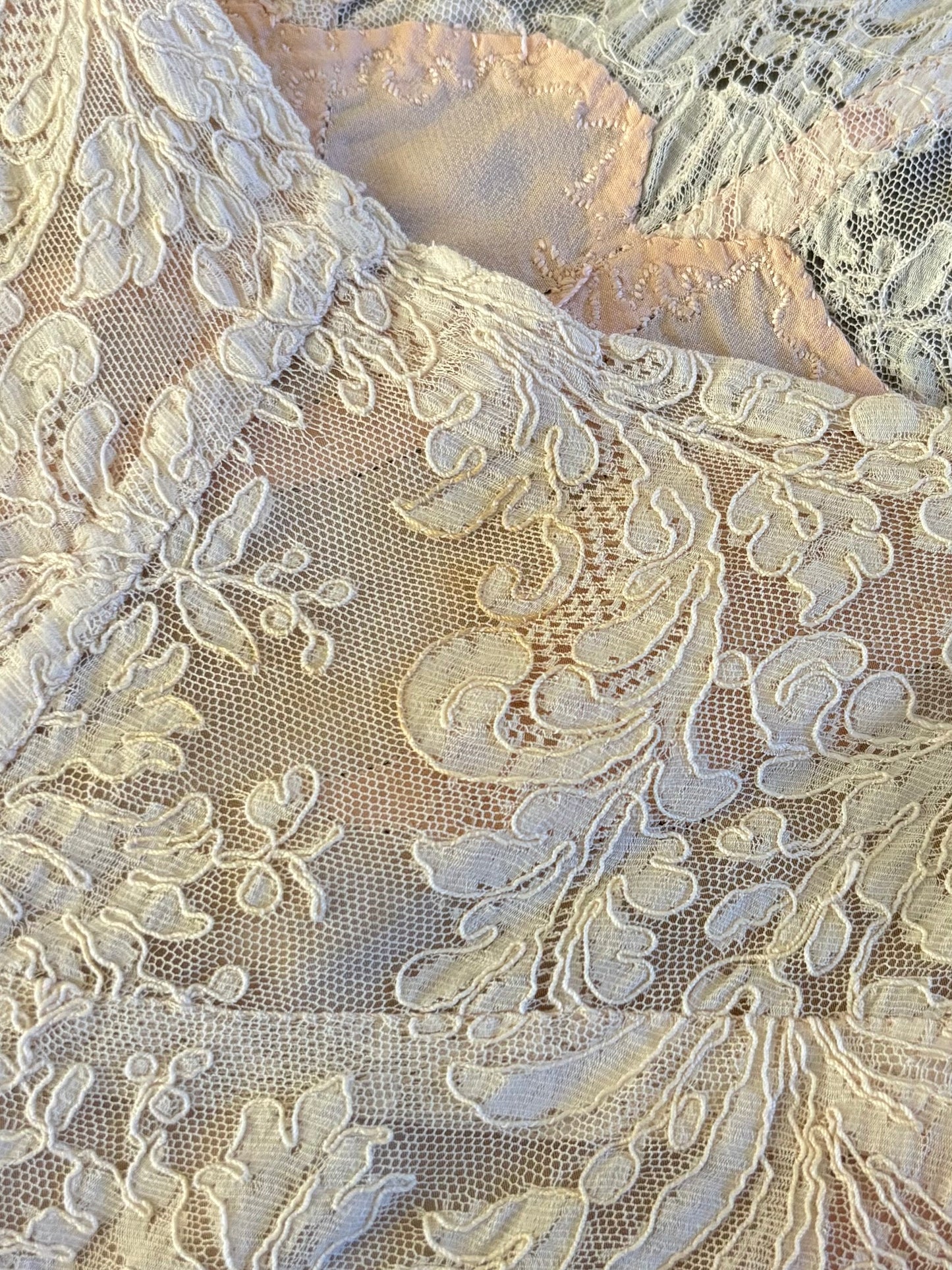 1930s Hand Sewn Bias Cut Silk Lace Floral Appliqués Slip Dress
