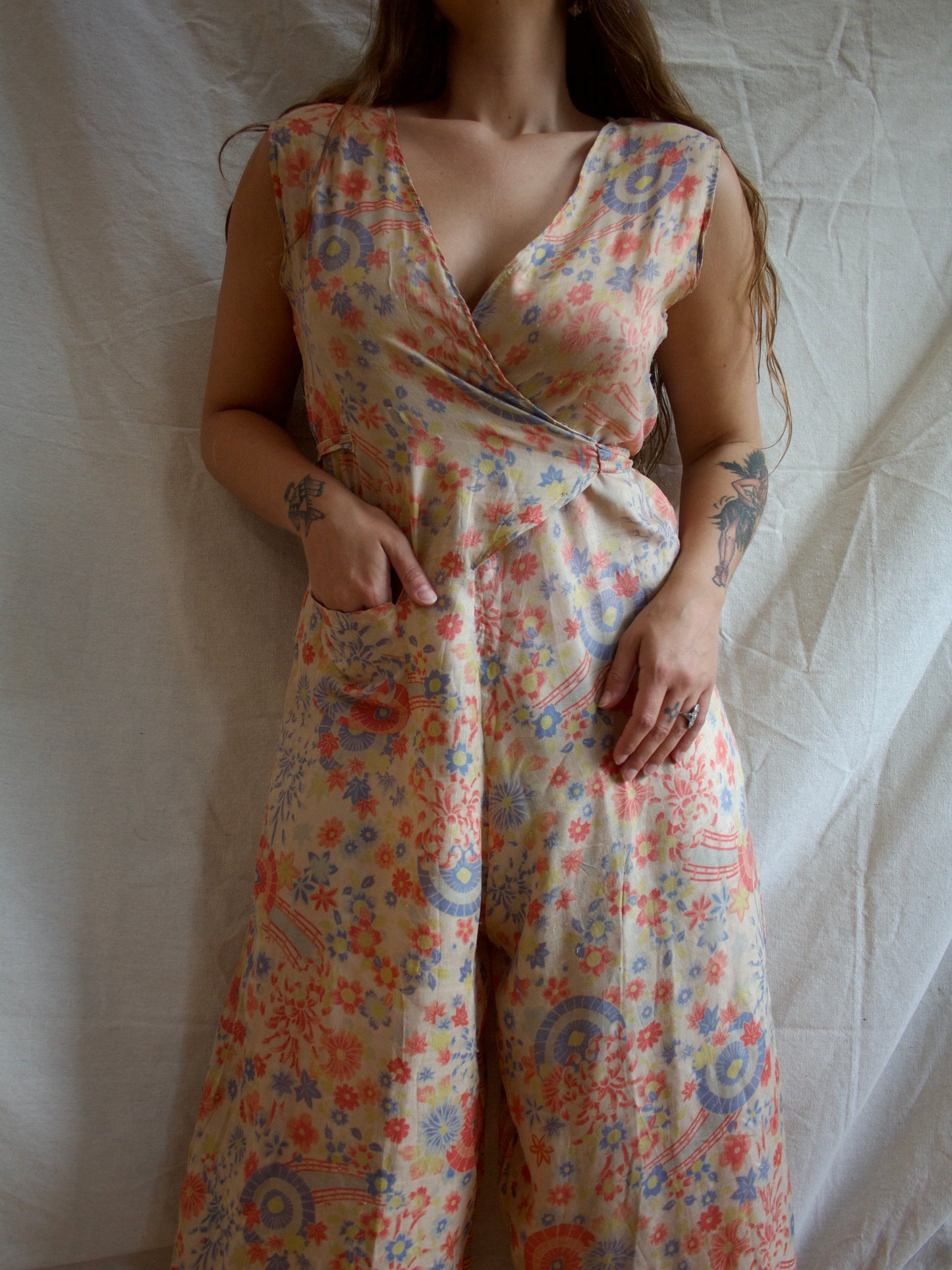 1930s All Over Japanese Print Pongee Silk Lounge Jumpsuit