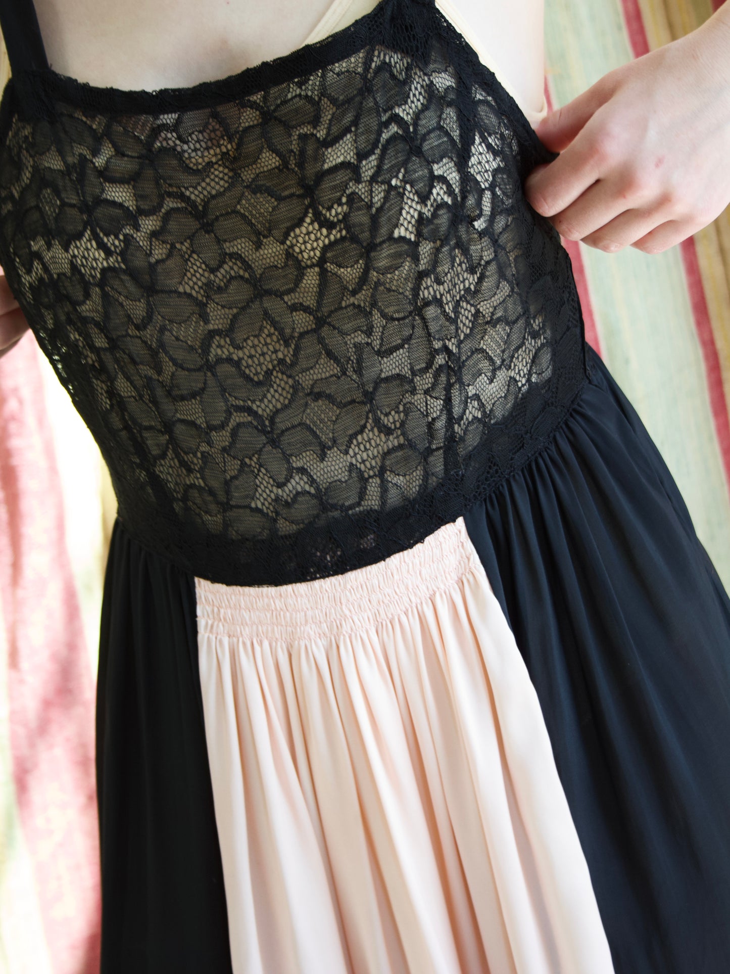 1930s Colorblock Lace & Rayon Satin Slip Dress