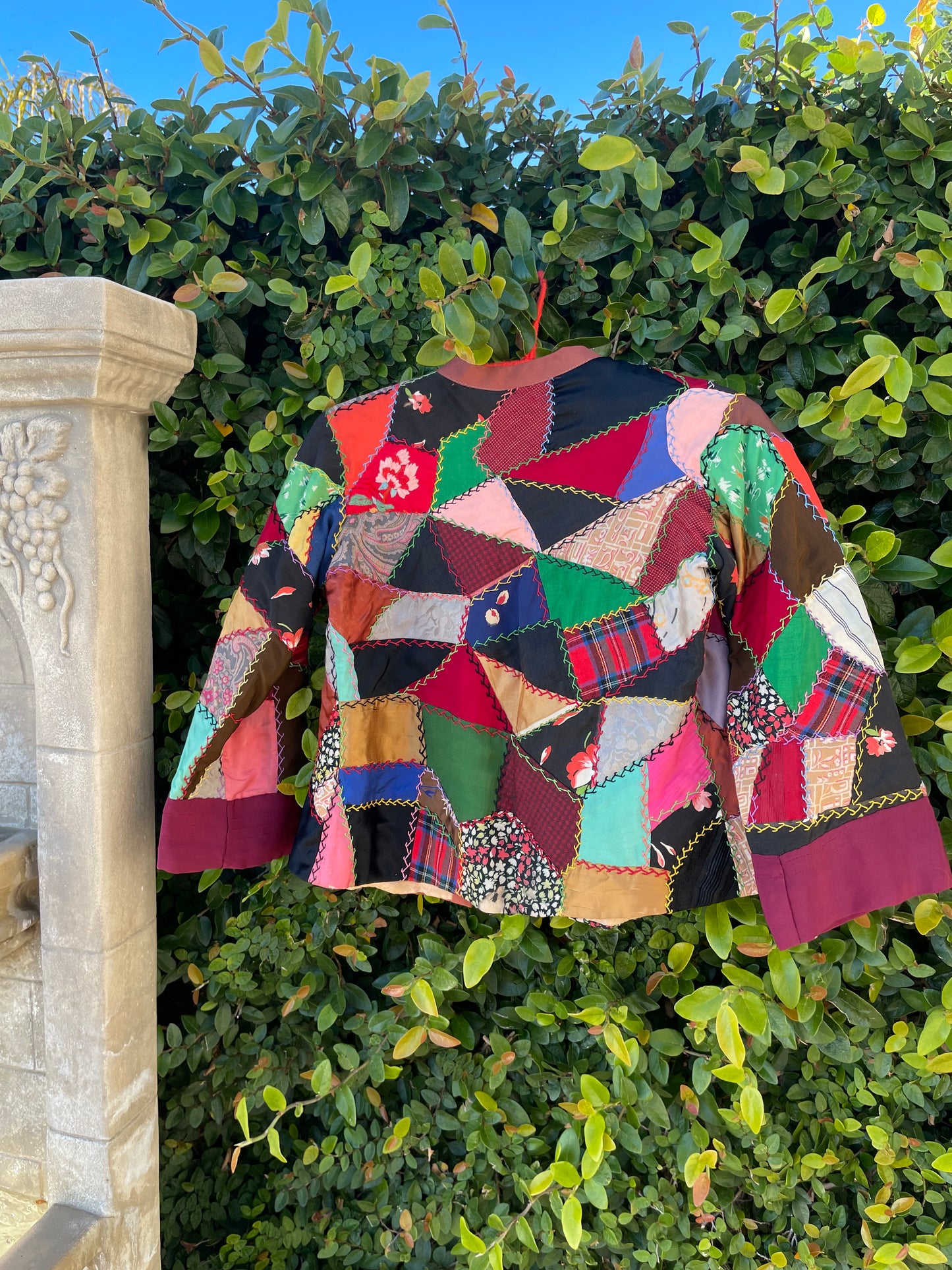 1930s Silk Satin Crazy Quilt Bell Sleeve Cropped Jacket
