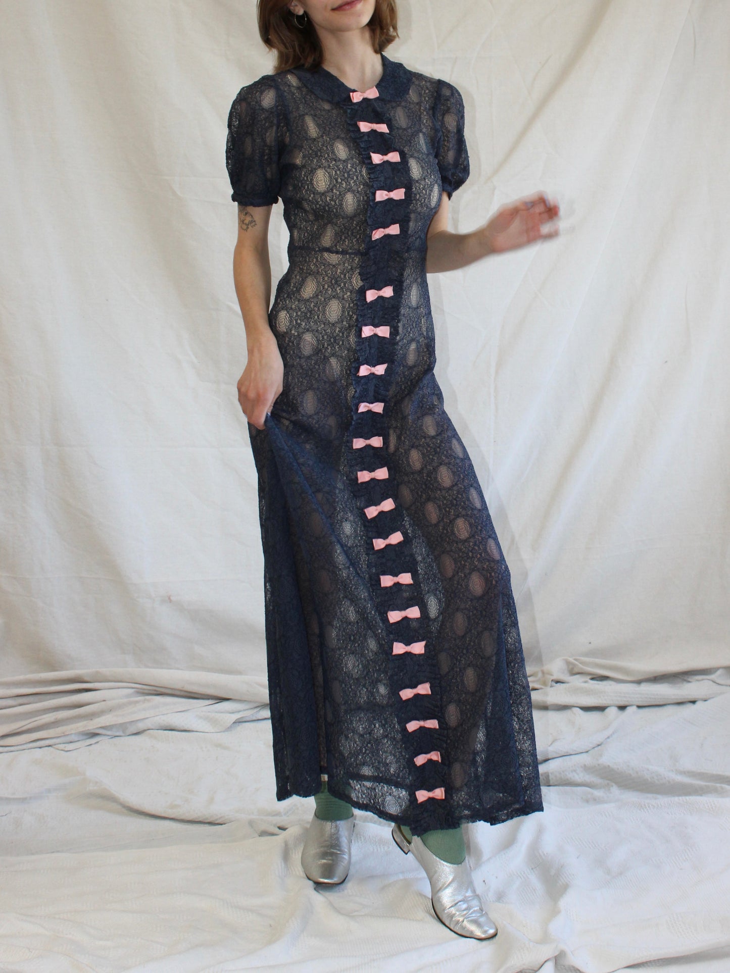 1930s Navy Blue Embroidered Net Puff Sleeve Bow Trimmed Dress